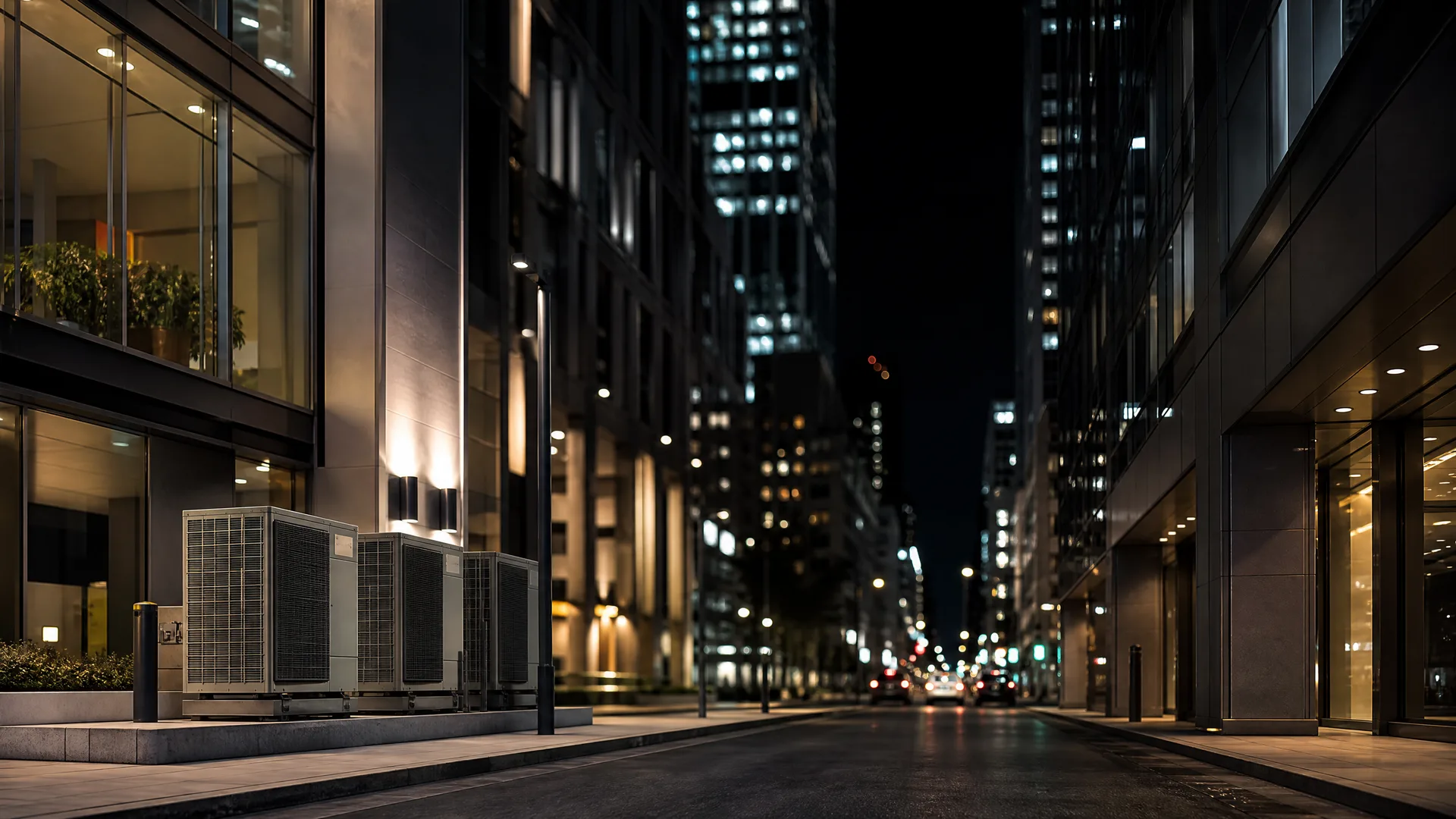 Night view down an empty city street lined with lit glass-and-stone office buildings, with a bank of rooftop-style HVAC condenser units on a raised sidewalk platform in the left foreground.