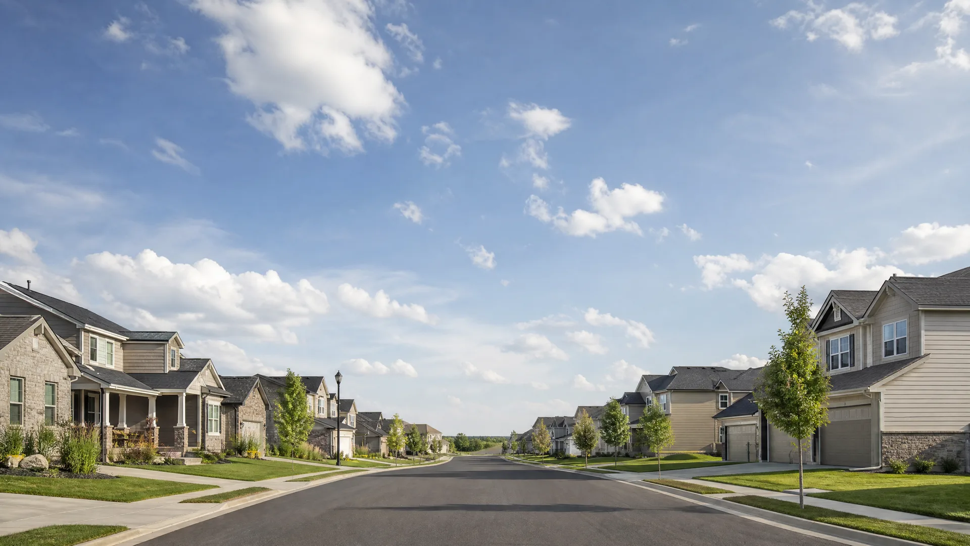 A wide empty asphalt residential street lined with two-story houses with attached garages, young trees, green lawns and sidewalks under a blue sky with scattered clouds.