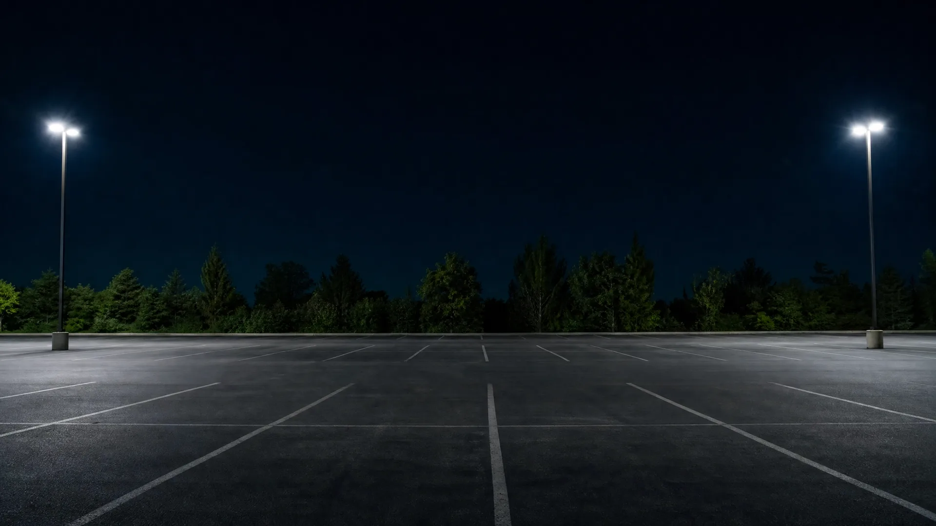 An empty asphalt parking lot at night with painted white stall lines, lit by two tall pole lights, backed by a dark tree line under a dark blue sky.