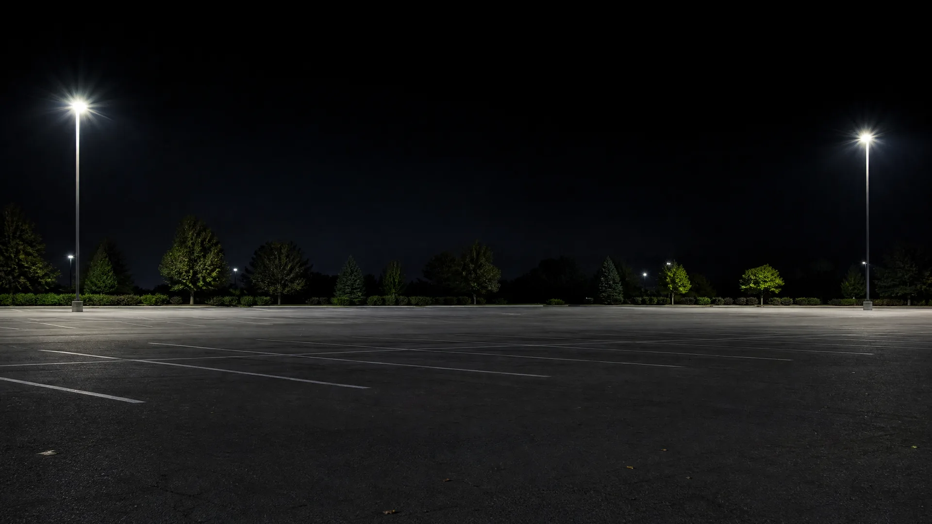 An empty asphalt parking lot at night with painted white stall lines, lit by two tall light poles, with trees and shrubs along the far edge.