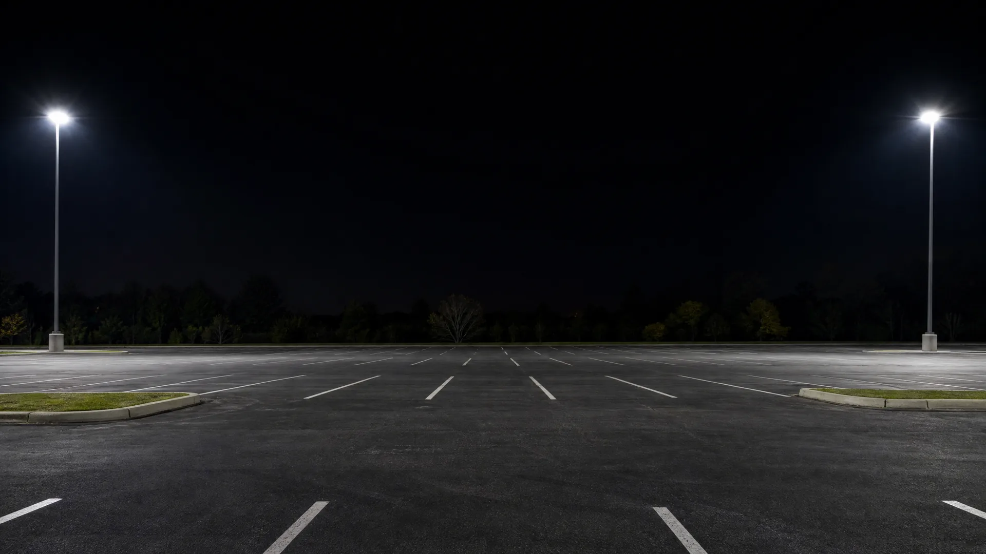 An empty asphalt parking lot at night with painted white stall lines, lit by two tall light poles at left and right, with a dark tree line along the horizon.