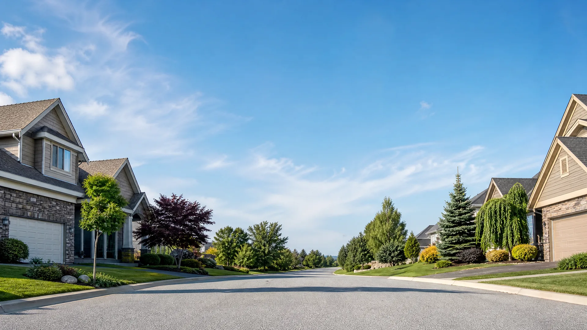 A paved residential street lined with lawns, shrubs and trees, with gabled houses featuring stone and siding facades and attached garages on both sides under a mostly clear blue sky.