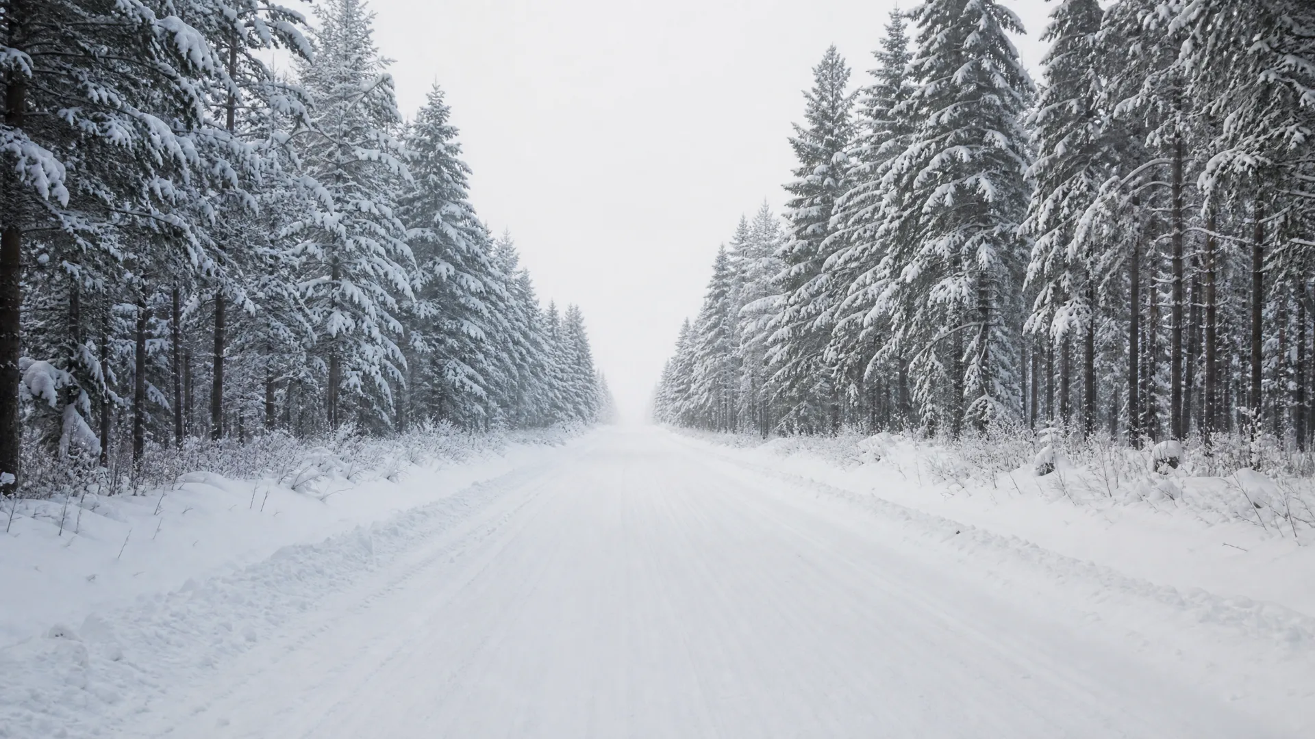 A snow-covered straight road running between rows of snow-laden conifer trees under a pale overcast sky.