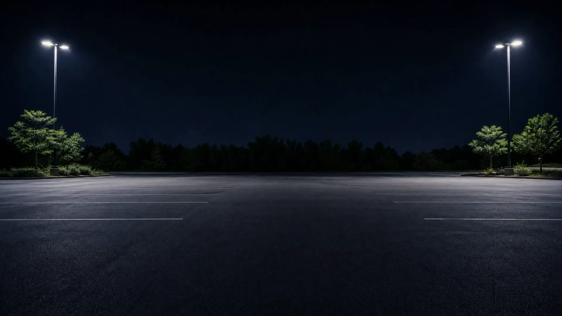 An empty asphalt parking lot at night with painted white stall lines, lit by two tall light poles flanking the scene and bordered by trees under a dark sky.