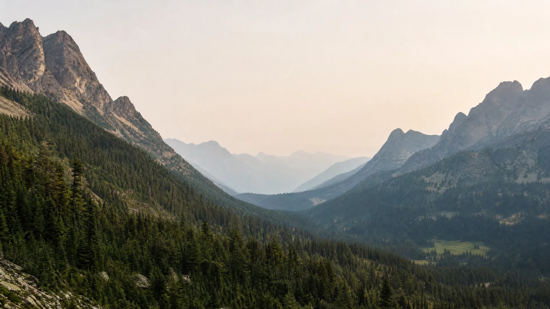 A hazy mountain valley lined with dense conifer forest, with rocky peaks on both sides and receding ridgelines fading into pale sky.