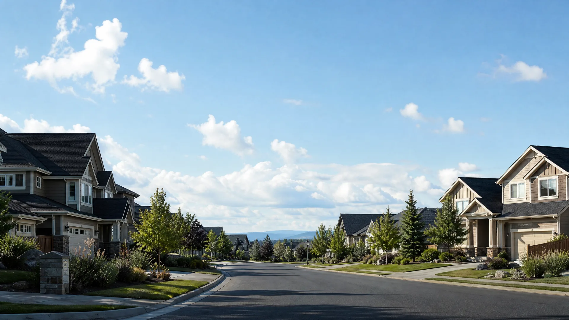 A wide empty residential street lined with two-story houses, landscaped yards, and young trees, with distant hills and scattered clouds under a blue sky.