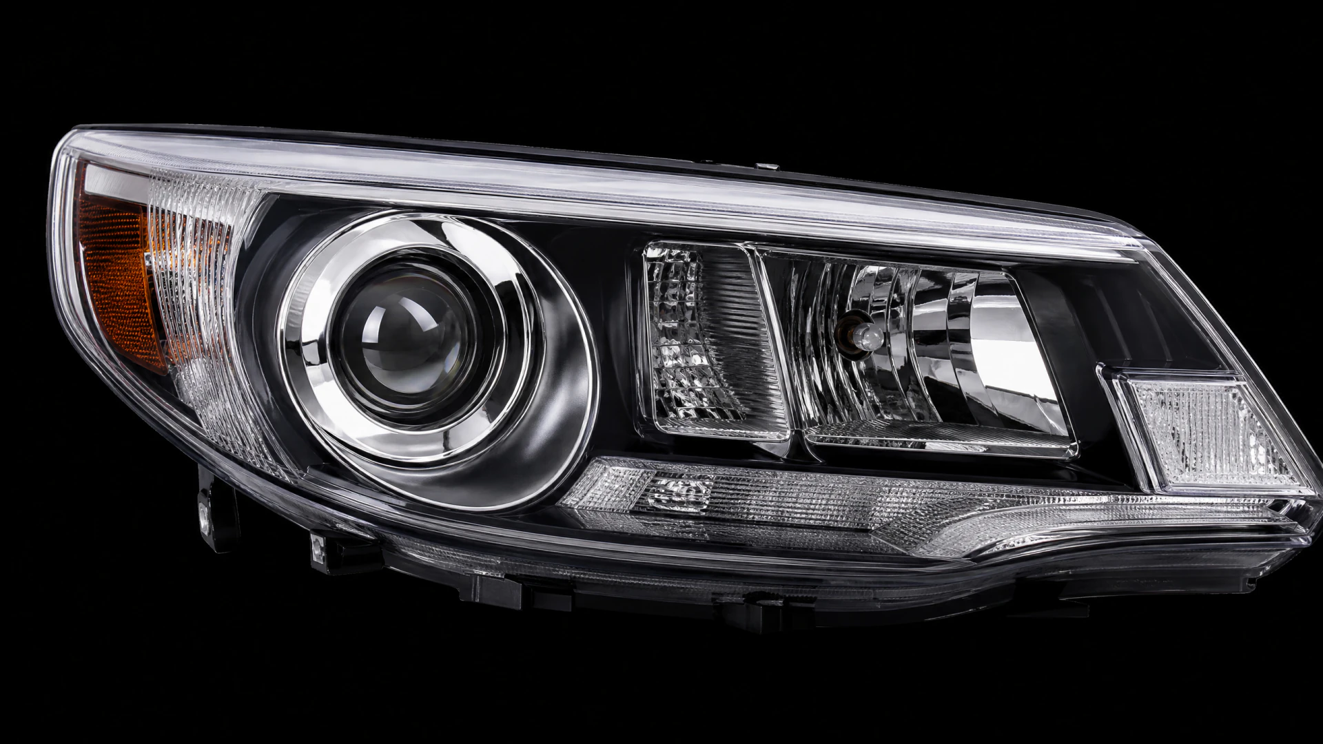 A chrome and black automotive headlight assembly with a projector lens, amber turn signal, and LED accents, shown in isolation against a black background.