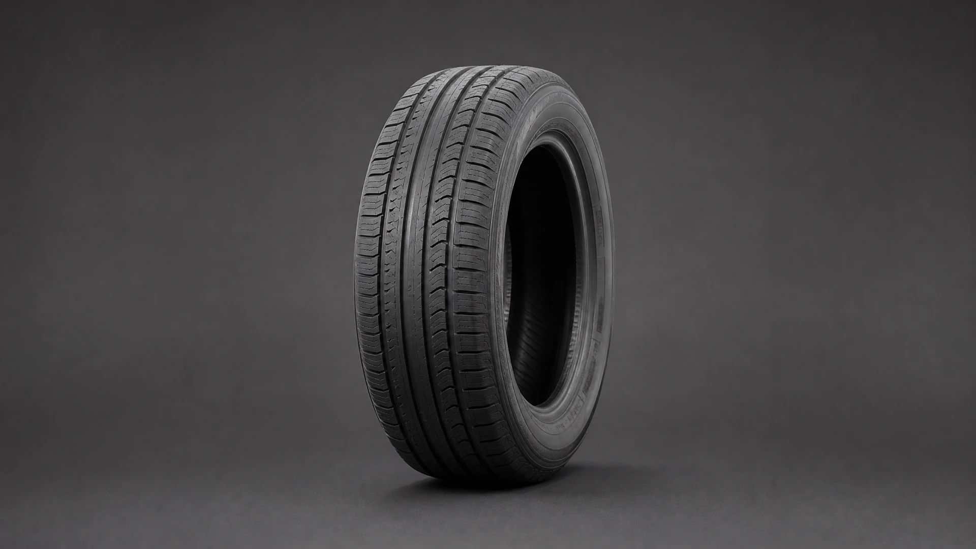 A black passenger car tire standing upright against a dark grey background.