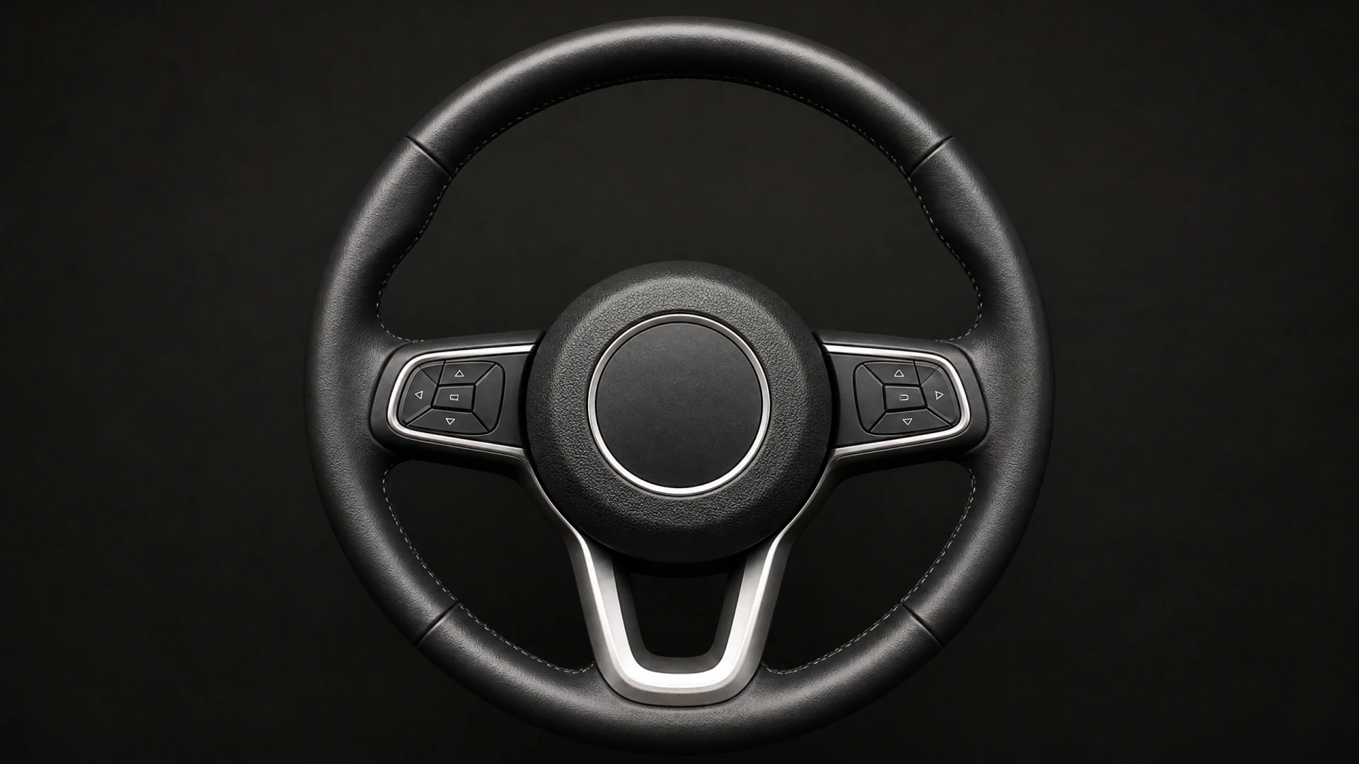 A black leather three-spoke car steering wheel with multifunction buttons on each side of the center hub.