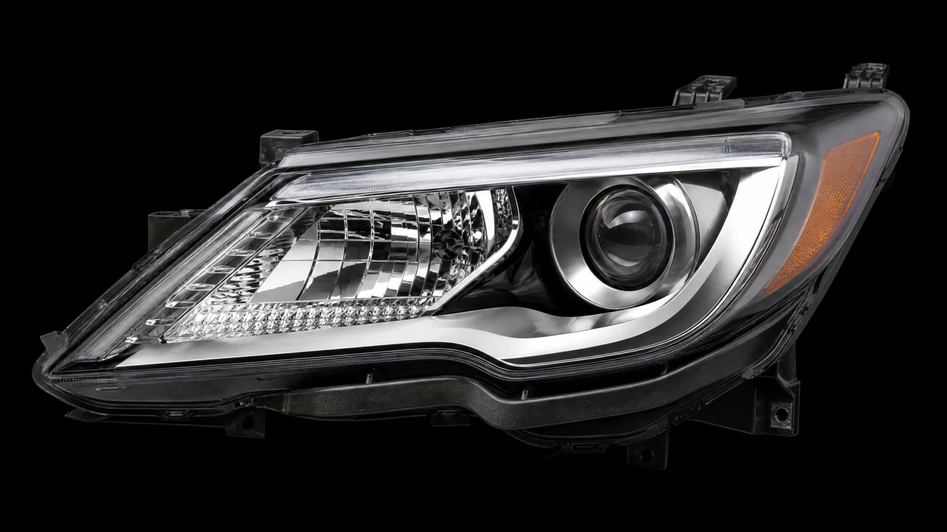 A detached car headlight assembly with a projector lens, chrome reflector, LED strip, and amber turn signal, shown against a black background.