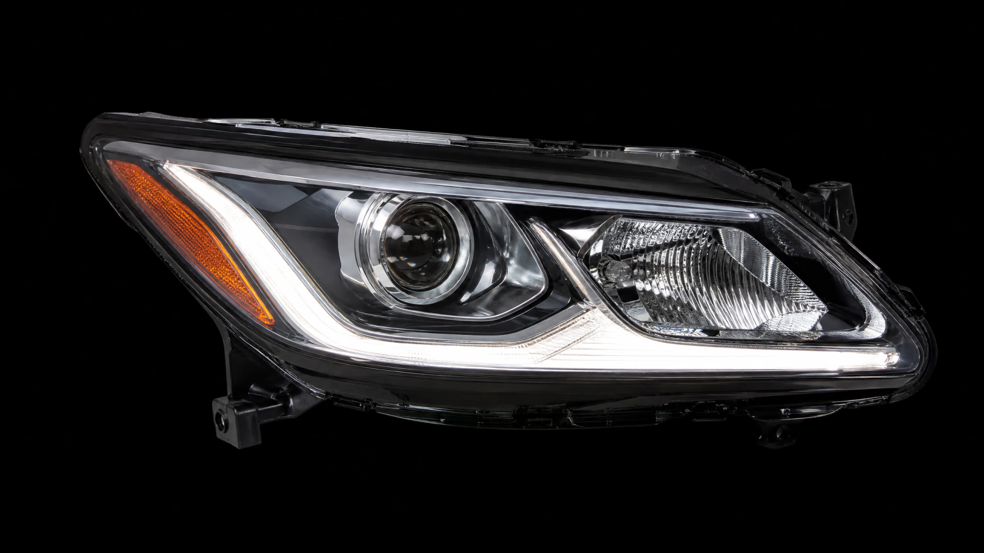 A disassembled automotive headlight unit with a projector lens, LED strip, and amber turn signal, photographed against a black background.
