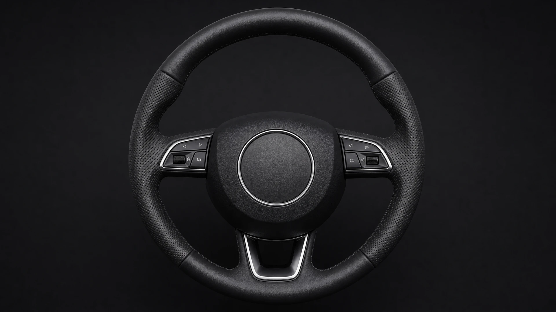 A black leather car steering wheel with chrome trim and multifunction buttons on its spokes, photographed against a dark background.
