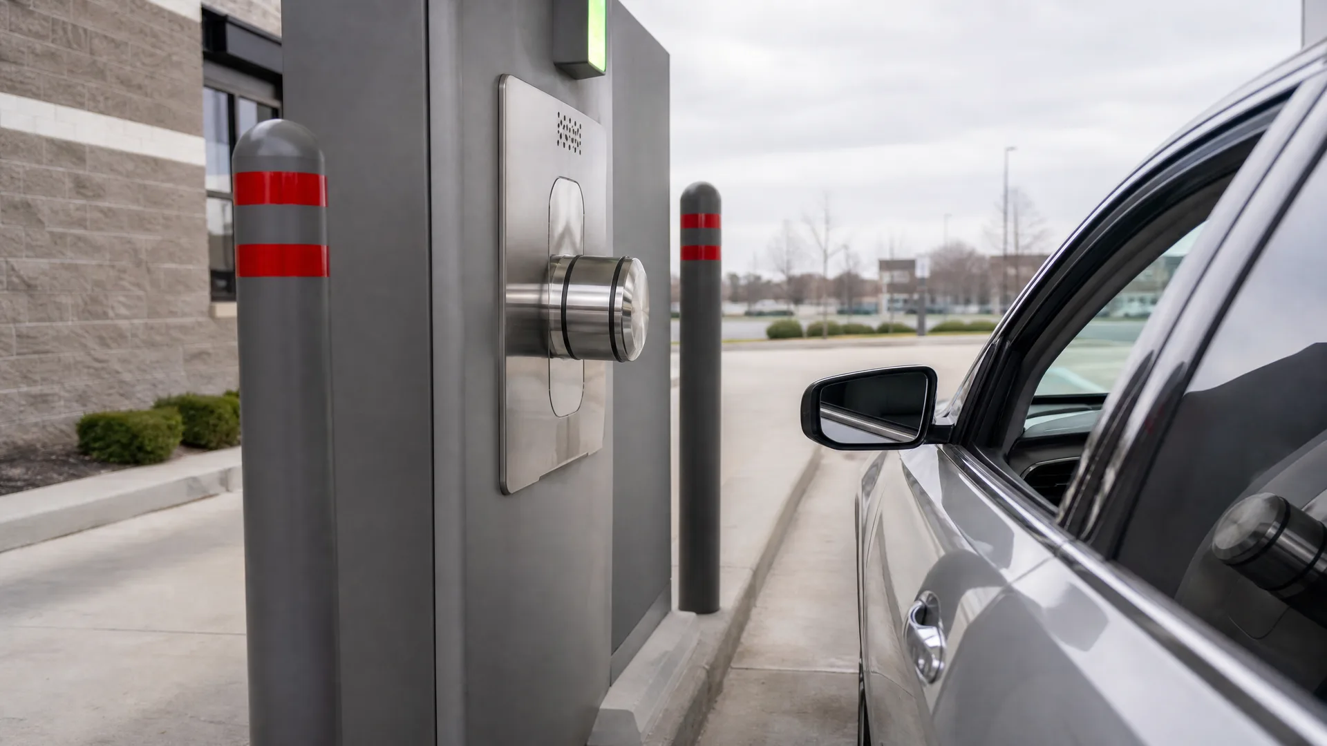 A silver car pulled up beside a gray drive-through kiosk with a speaker panel and tube, flanked by gray bollards with red stripes, with a paved lot and bare trees behind.