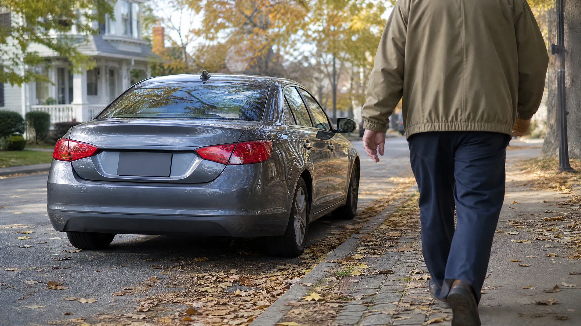 A person in a tan jacket and dark trousers walks away along a leaf-strewn brick sidewalk beside a gray sedan parked on a residential street with autumn trees and a white house.