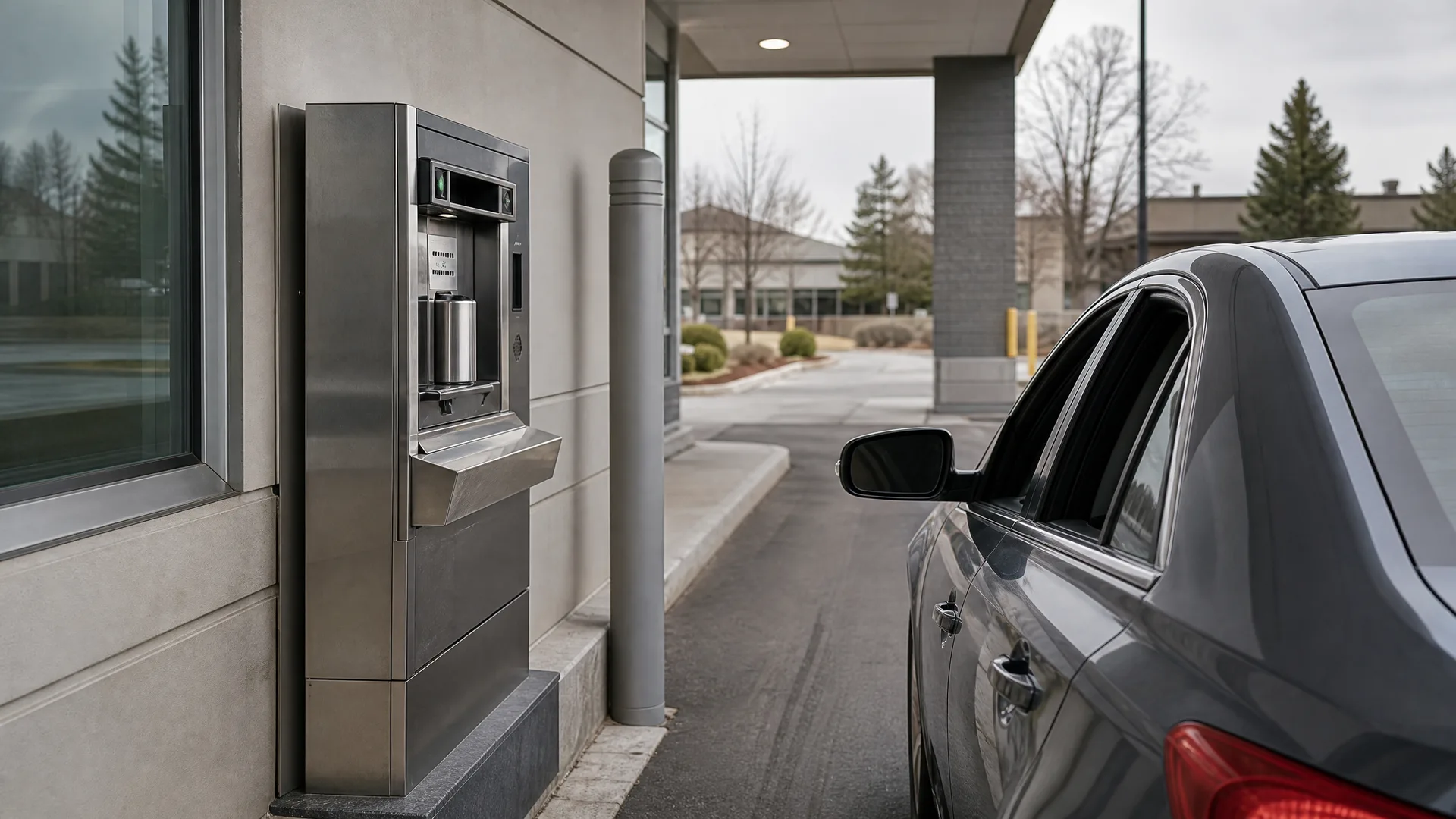 A dark gray sedan waits at a stainless steel drive-up service unit with a pull-out drawer mounted on a light-colored building wall, with a gray bollard, covered canopy, and bare trees in the background.