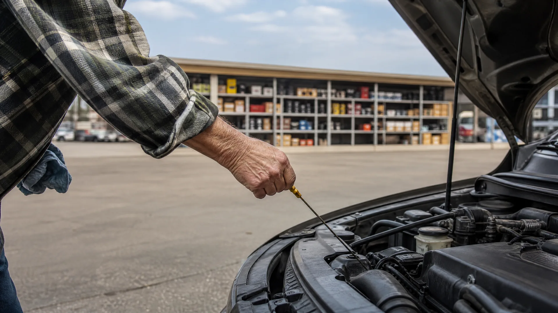 A person in a plaid shirt pulls the dipstick from the engine bay of a car with its hood open, with a building holding shelves of boxed goods in the background.