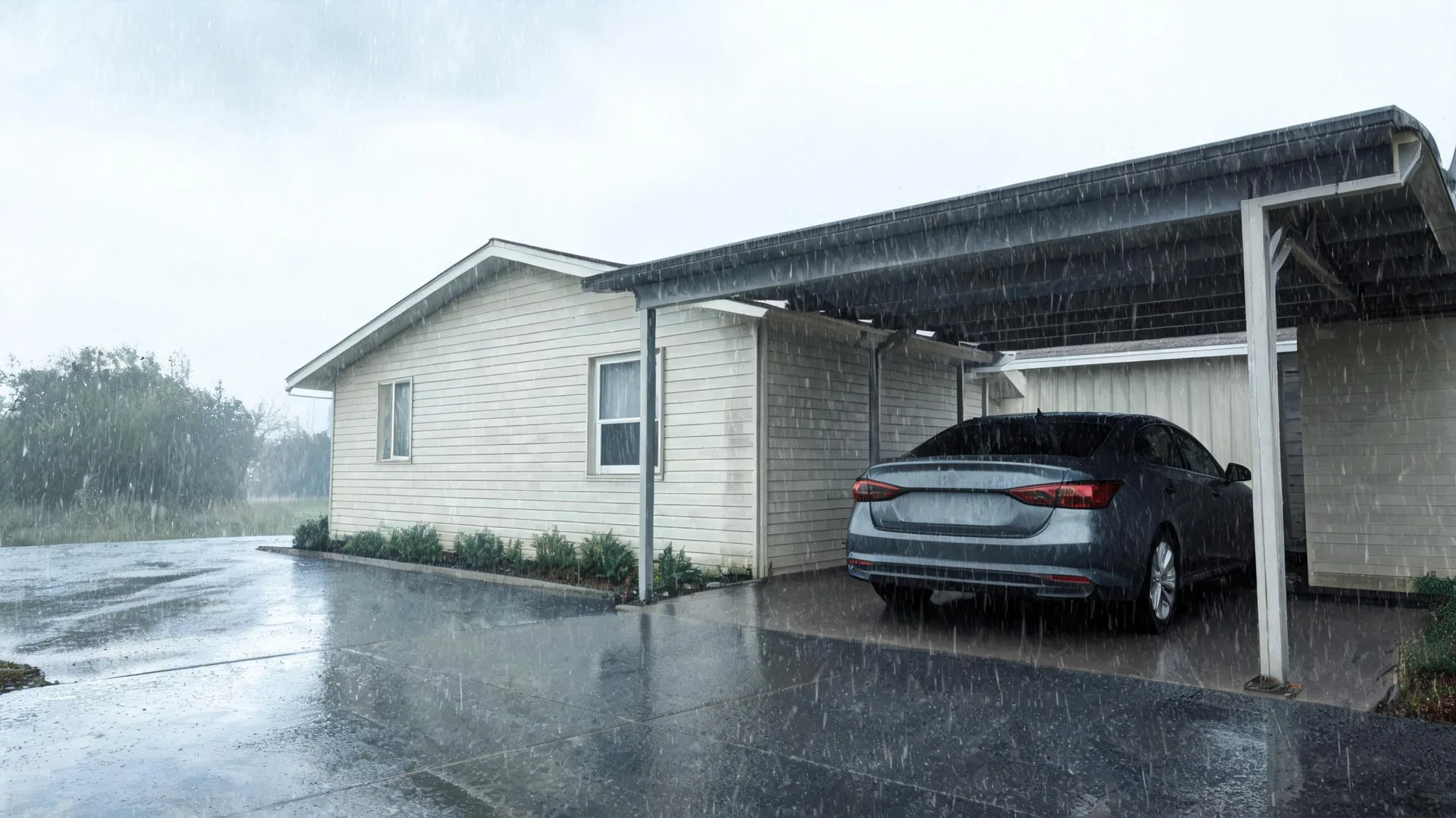 A single-story house with light horizontal siding and an attached carport, where a dark sedan is parked, during heavy rain on a wet paved driveway.