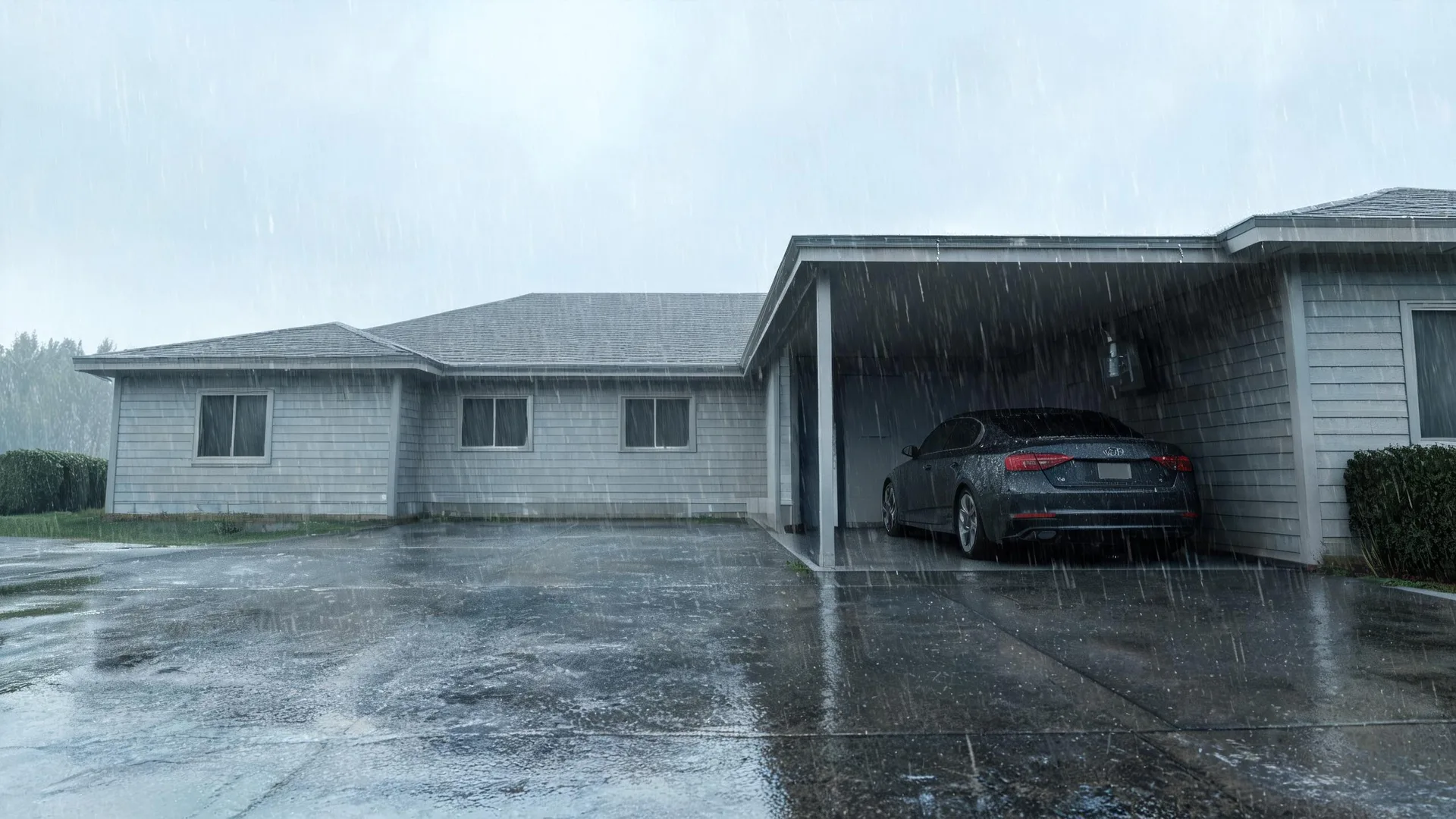 A single-story gray shingle-sided house with a dark car parked under an attached carport during heavy rain, with a wet paved driveway in the foreground.