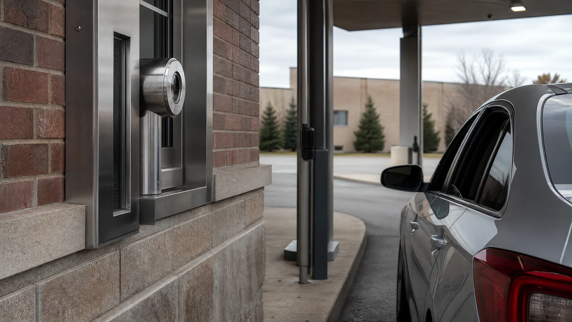 A stainless steel drive-through banking window with a pneumatic tube unit set in a brick and stone wall, with a silver SUV parked under a canopy on the adjacent driveway.
