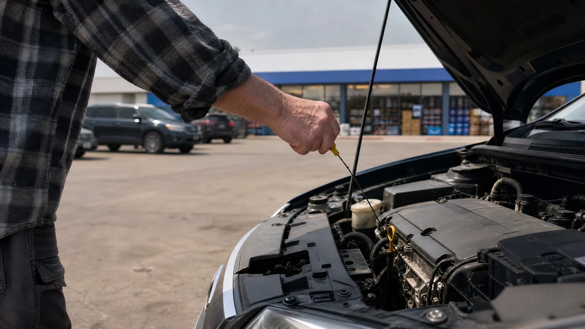 A person in a plaid flannel shirt pulls the dipstick from a car engine under an open hood, with a parking lot and storefront blurred in the background.