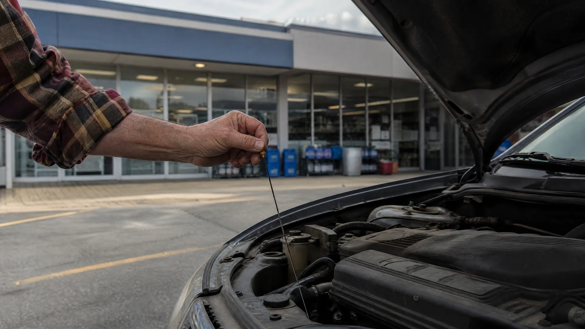 A person's arm in a plaid shirt pulls a dipstick from the engine bay of a car with its hood open, in a parking lot in front of a glass-fronted building.