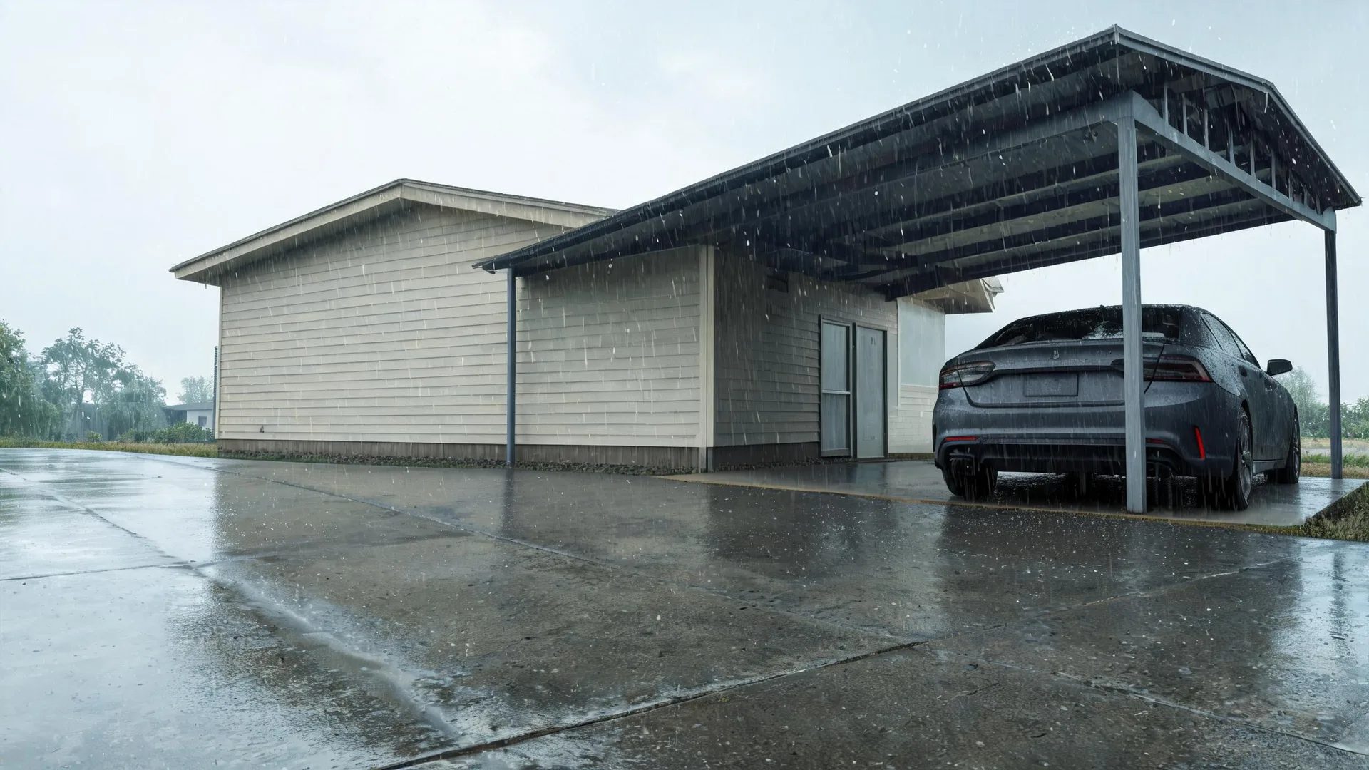 A single-story building with light horizontal siding and an attached steel-framed carport shelters a dark gray sedan, with rain falling on a wet concrete lot under an overcast sky.