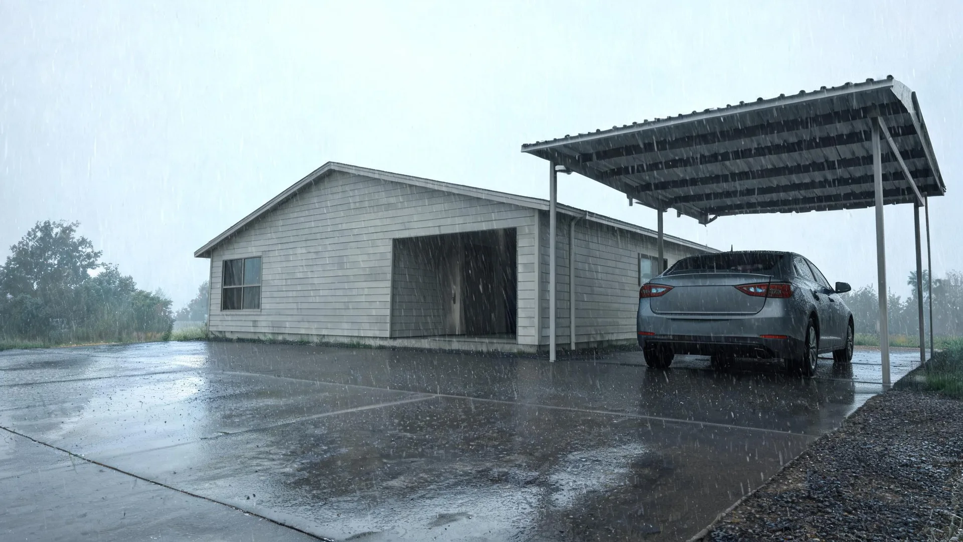 A single-story shingled house with an open garage bay beside a metal carport sheltering a gray sedan, on a wet concrete driveway during heavy rain under an overcast sky.
