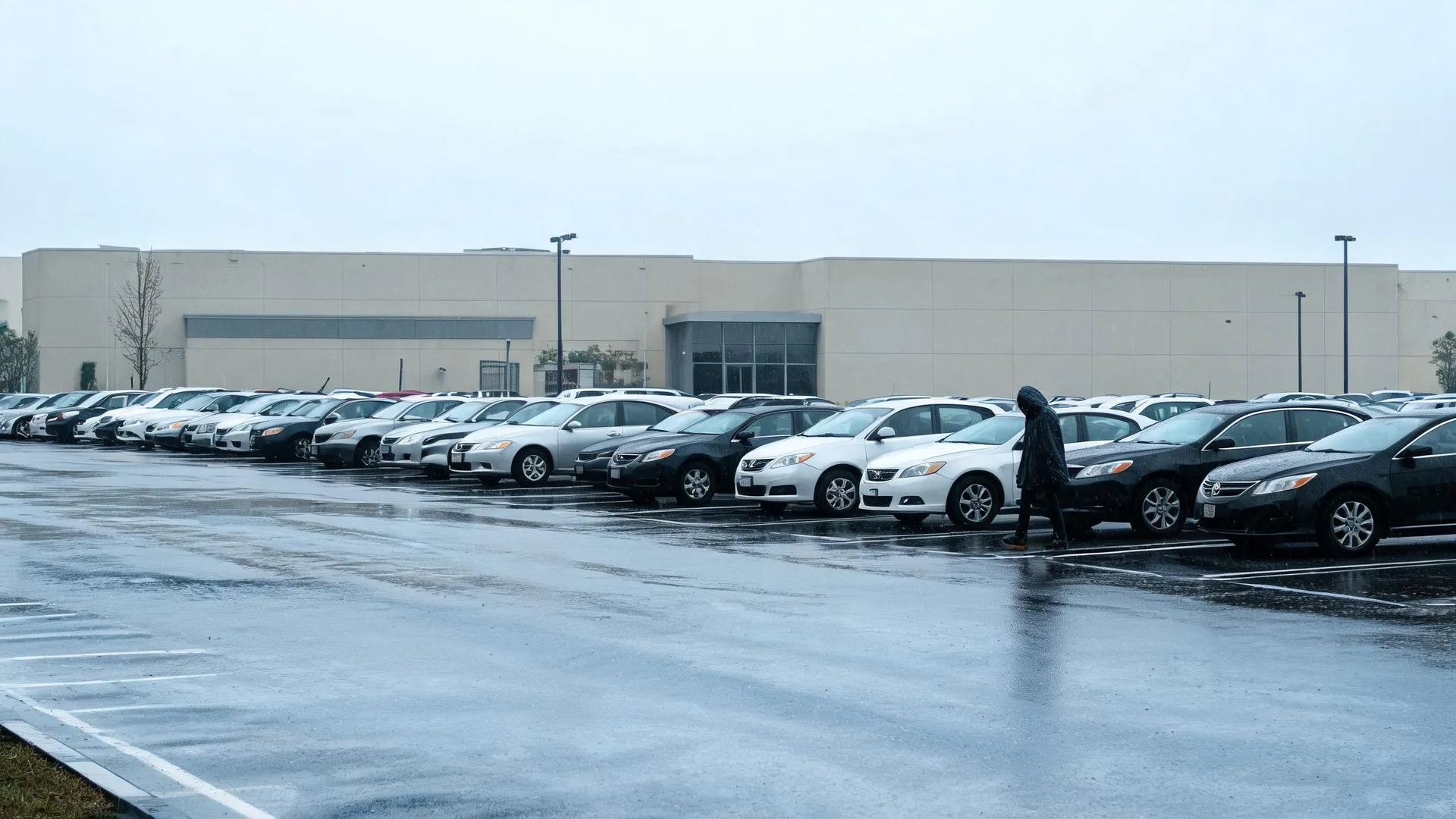 A person in a dark hooded coat walks across a wet parking lot past a long row of parked cars in front of a low beige commercial building under an overcast sky.