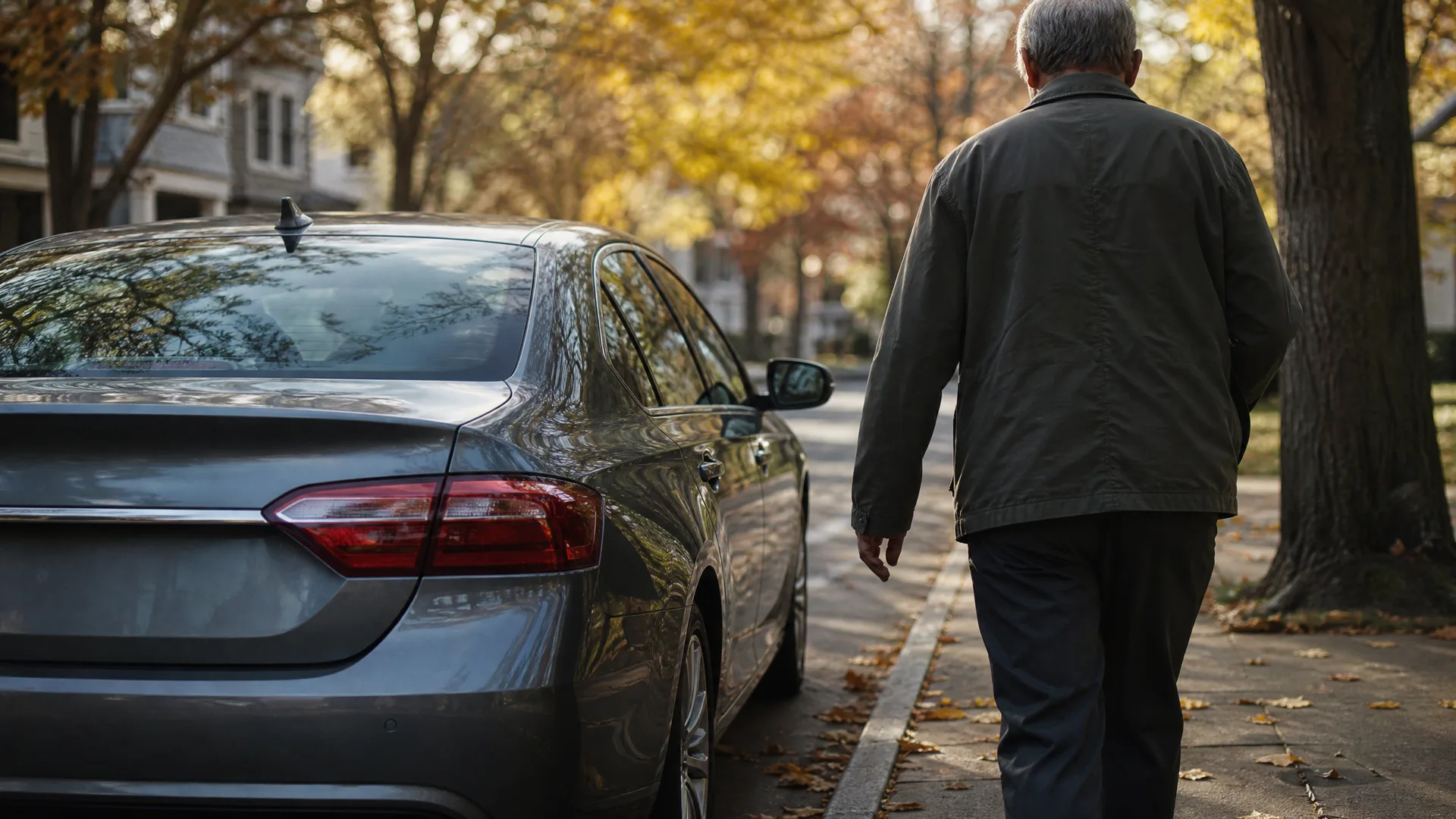 An older man in a dark jacket walks away along a sidewalk beside a gray sedan parked on a tree-lined street with yellow autumn leaves.