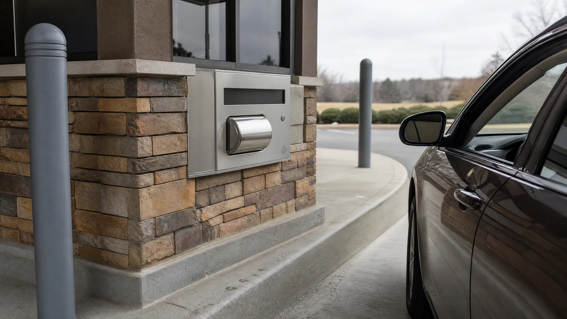 A stainless steel drive-up transaction drawer set into a stone-clad building column, with gray bollards, a curved concrete curb, and a dark car stopped at the lane on the right.