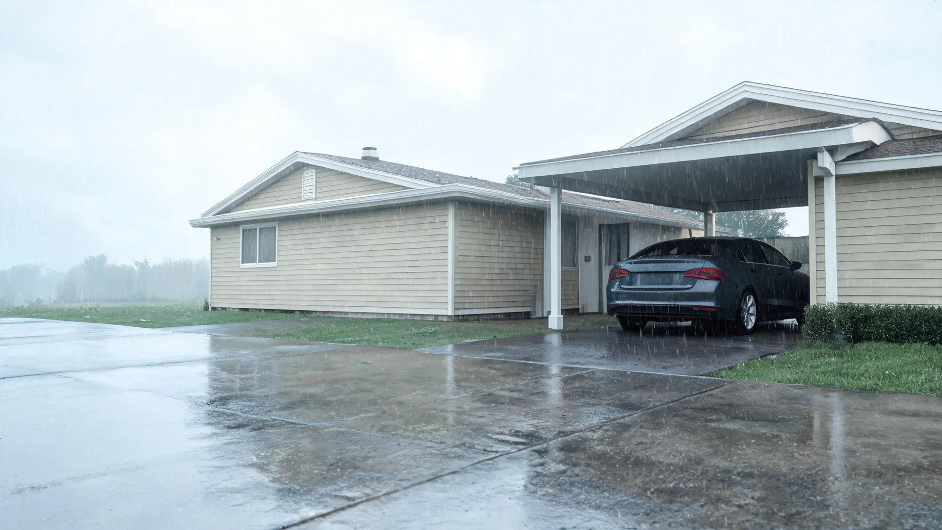 A single-story house with beige shingle siding and an attached carport sheltering a dark sedan, seen during heavy rain with a wet concrete driveway in the foreground.