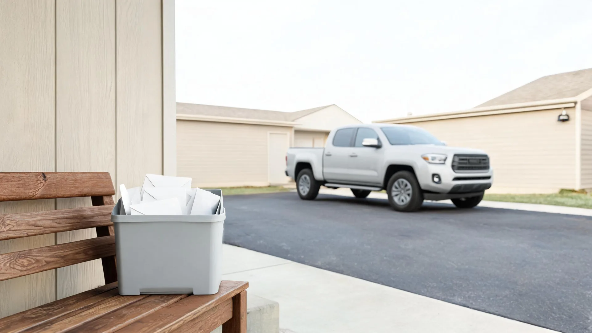 A gray plastic bin holding white envelopes and papers sits on a wooden bench beside a house, with a blurred silver pickup truck parked on a driveway in the background.