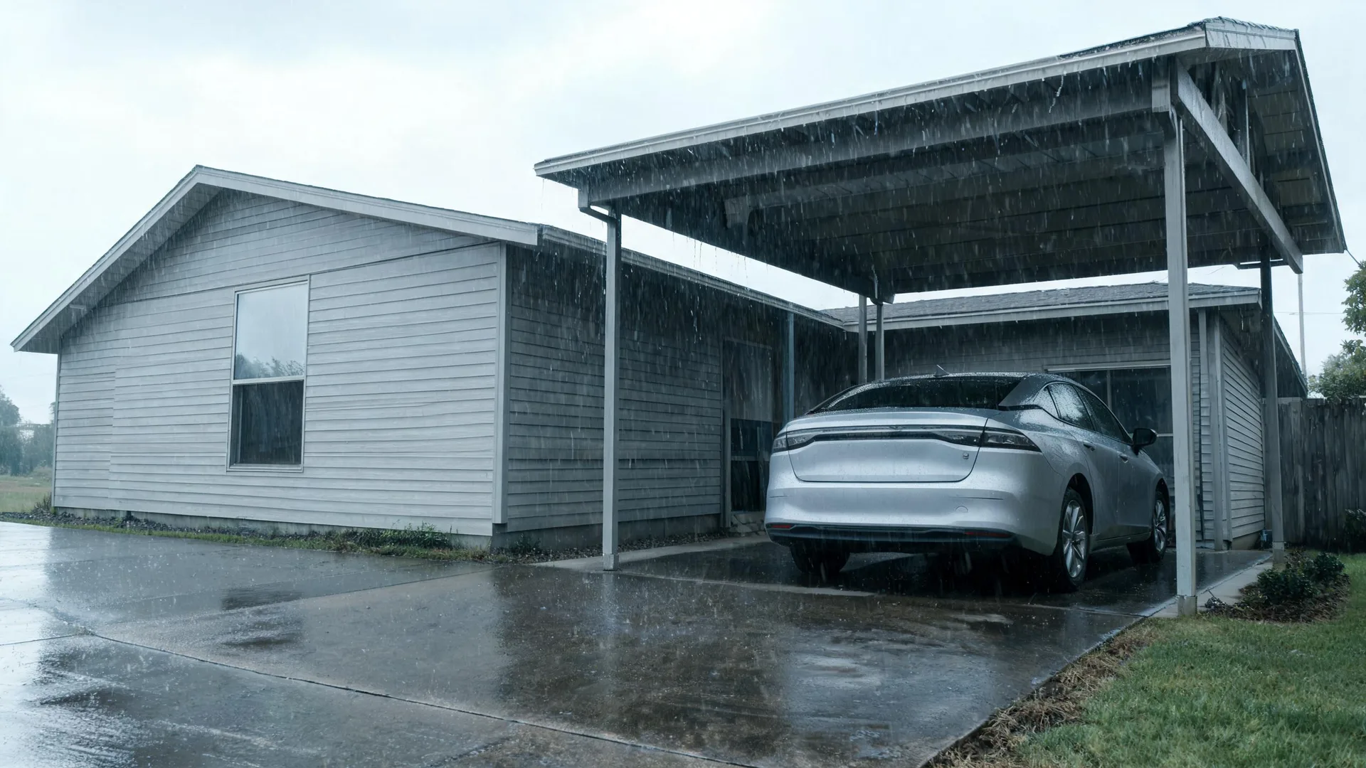 A silver sedan parked under an attached carport beside a single-story house with light horizontal siding during heavy rain, with wet pavement in the foreground.