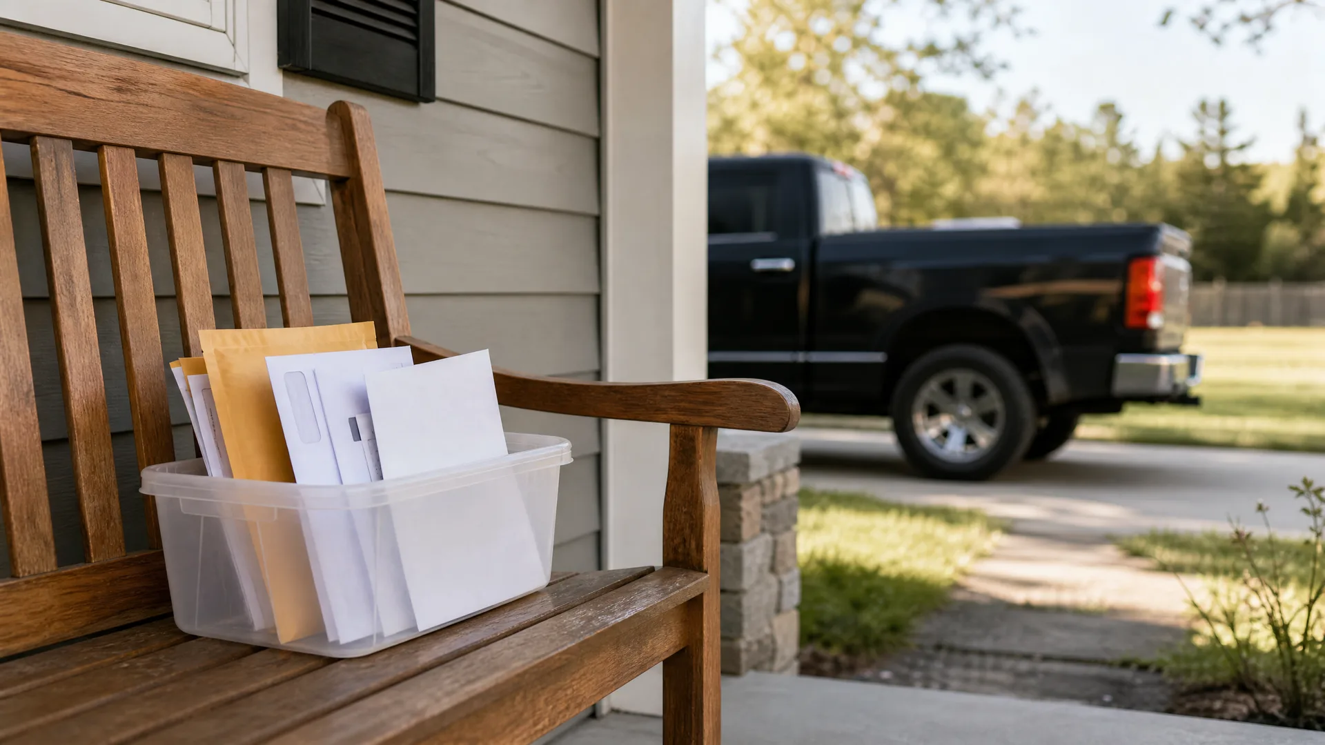 A clear plastic bin filled with white and manila envelopes sits on a wooden bench on a porch, with a black pickup truck parked in a driveway in the blurred background.