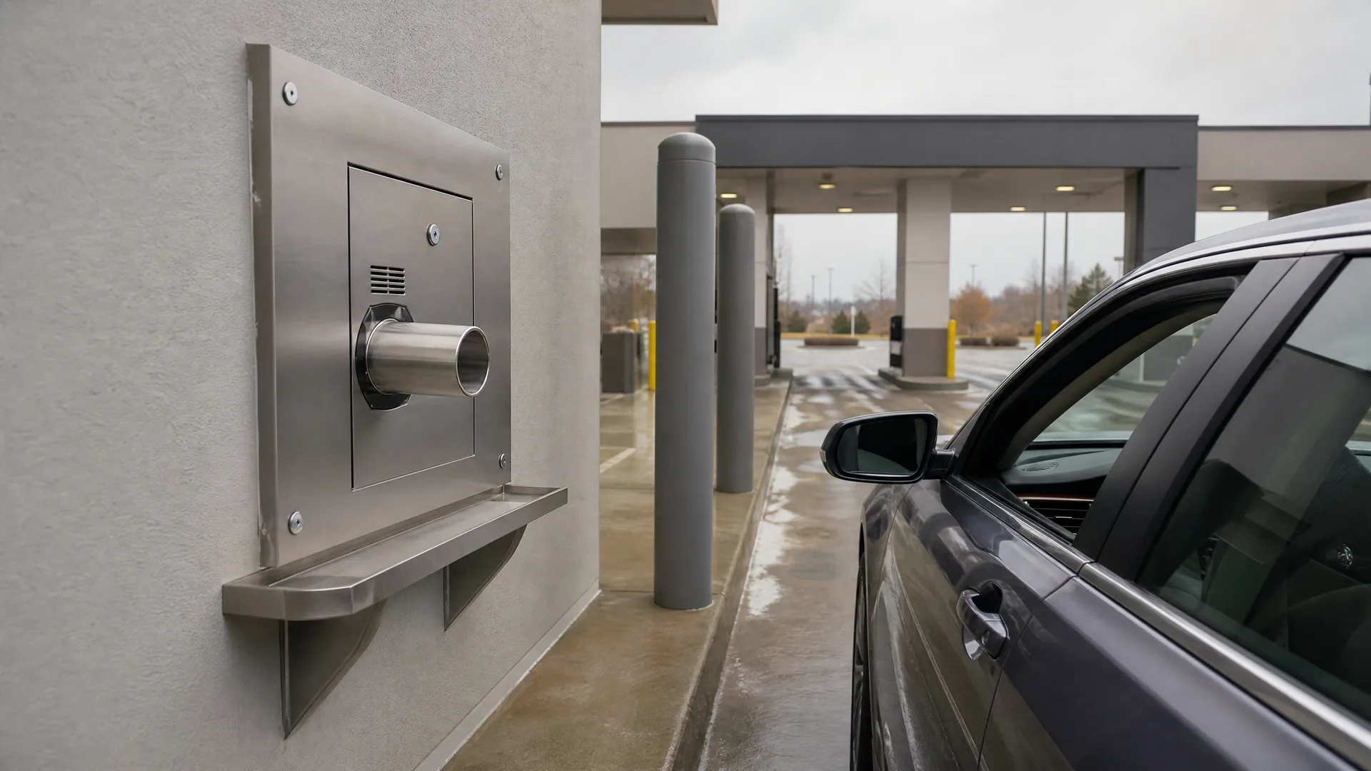 A stainless steel drive-up teller unit with a pneumatic tube port and shelf mounted on a stucco wall, with a dark car parked at the lane beside gray bollards and a covered canopy in the background.
