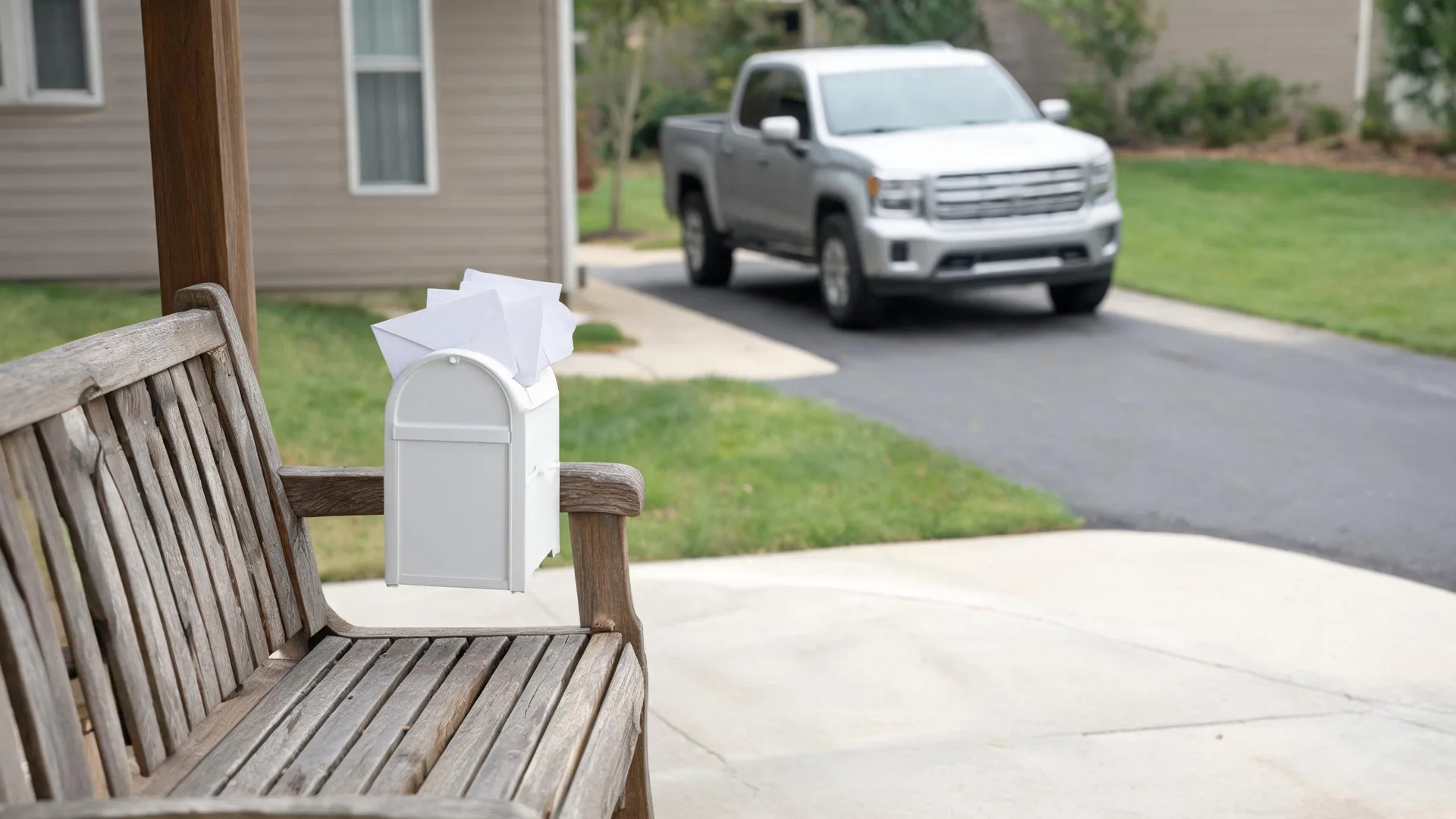 A white mailbox overflowing with envelopes sits on a weathered wooden bench on a porch, with a blurred silver pickup truck parked on a driveway in the background.