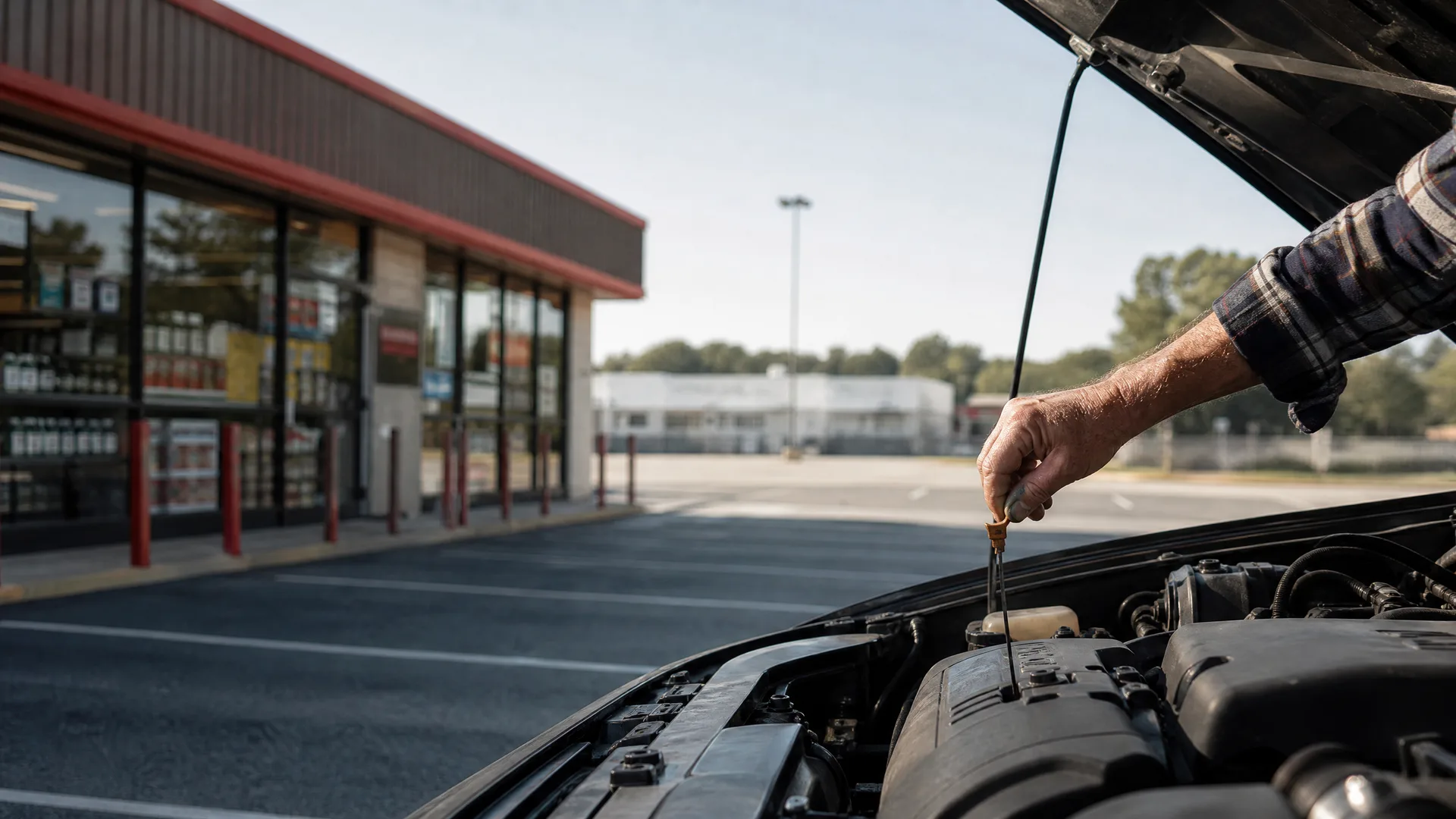 A person's arm in a plaid shirt pulls the dipstick from a car engine under an open hood, with a storefront and empty parking lot in the background.