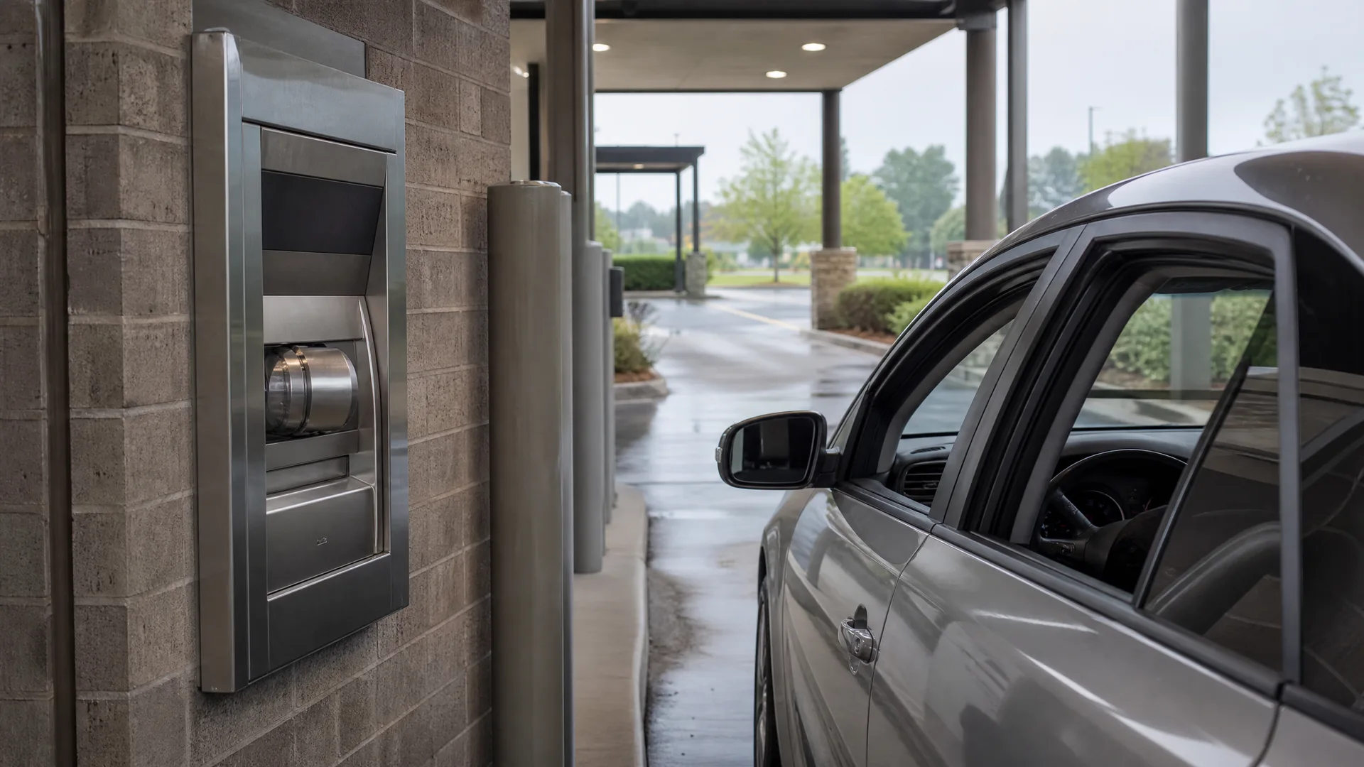 A silver sedan stops beside a stainless steel drive-through transaction unit set into a masonry block wall under a covered lane, with wet pavement and trees in the background.