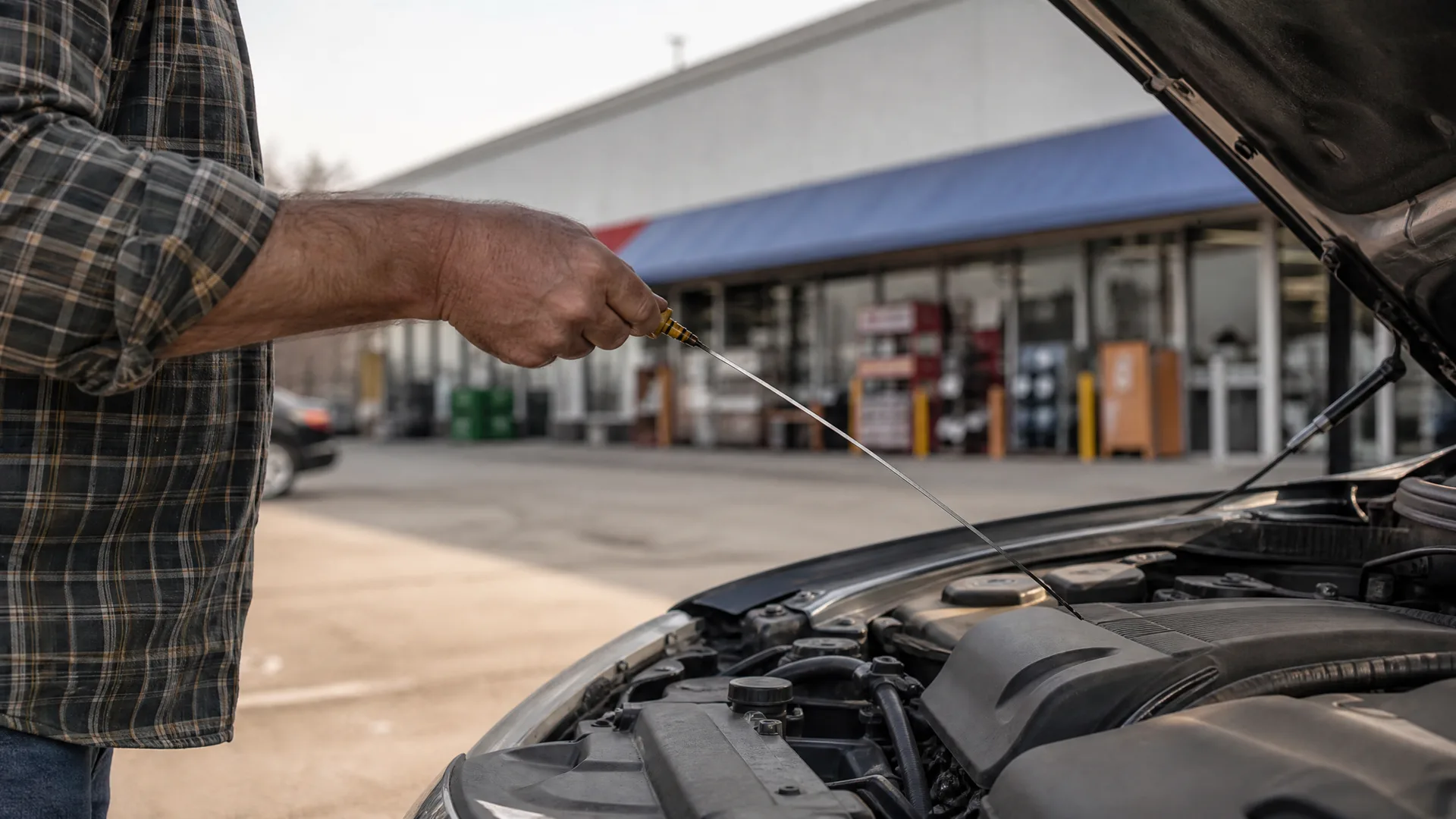 A person in a plaid shirt holds an oil dipstick over the open engine bay of a car, with a building and canopy blurred in the background.