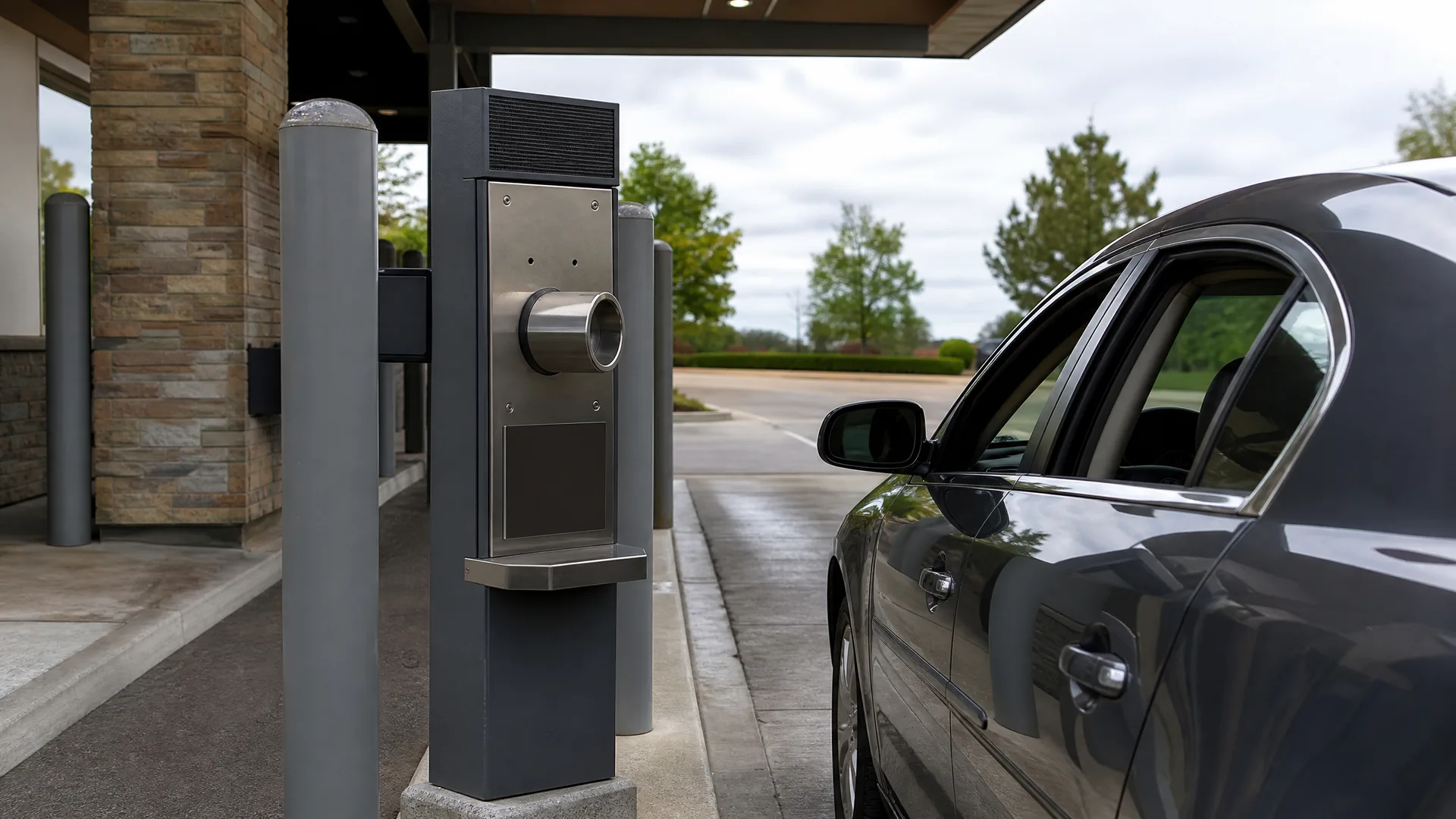 A dark sedan stopped beside a gray drive-up service kiosk with a stainless steel panel and tube, under a canopy next to stone-clad walls and gray bollards, with trees and an overcast sky in the background.