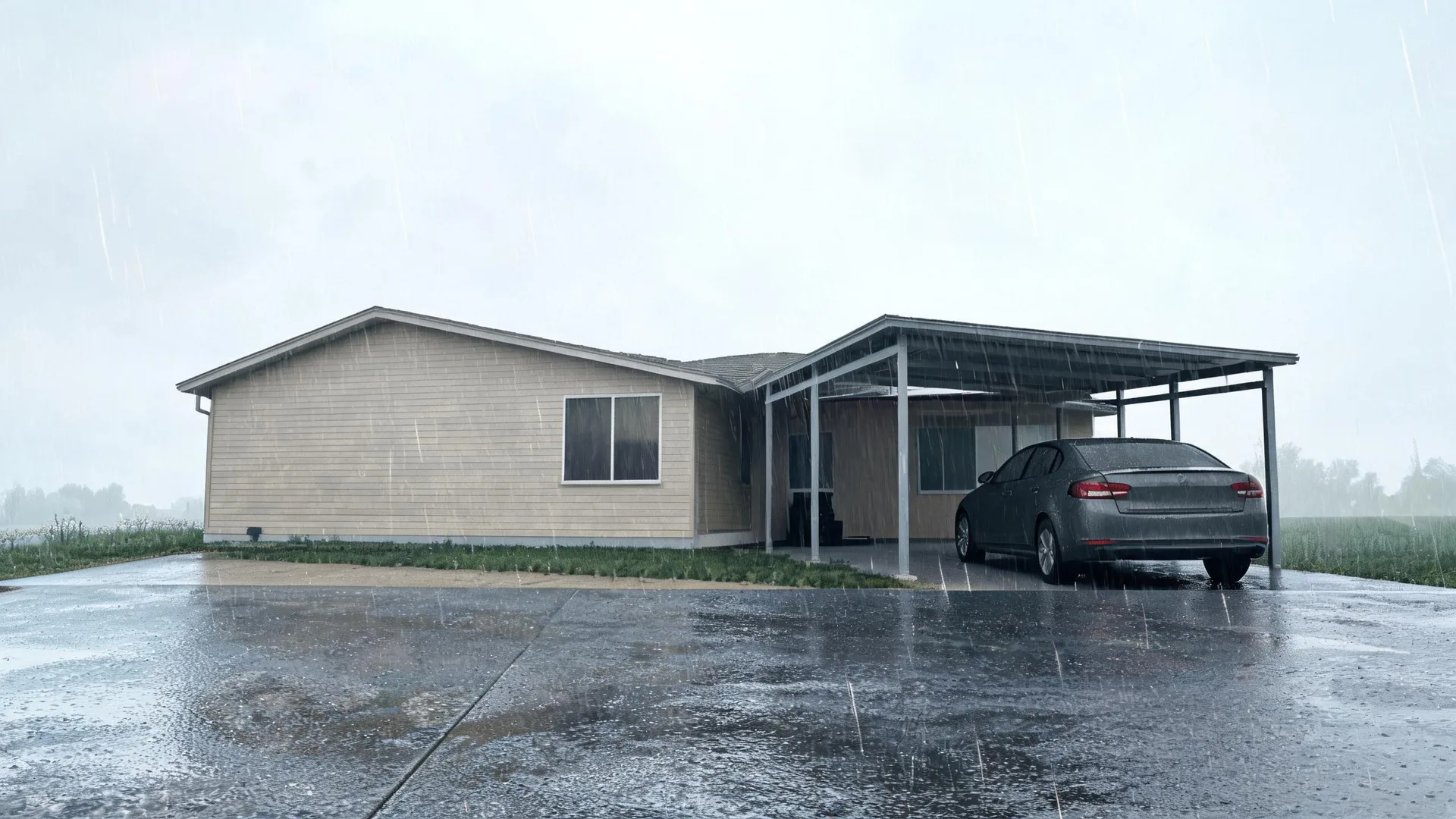 A single-story house with light horizontal siding and an attached metal-post carport sheltering a dark gray sedan, seen during heavy rain with a wet concrete driveway in the foreground.