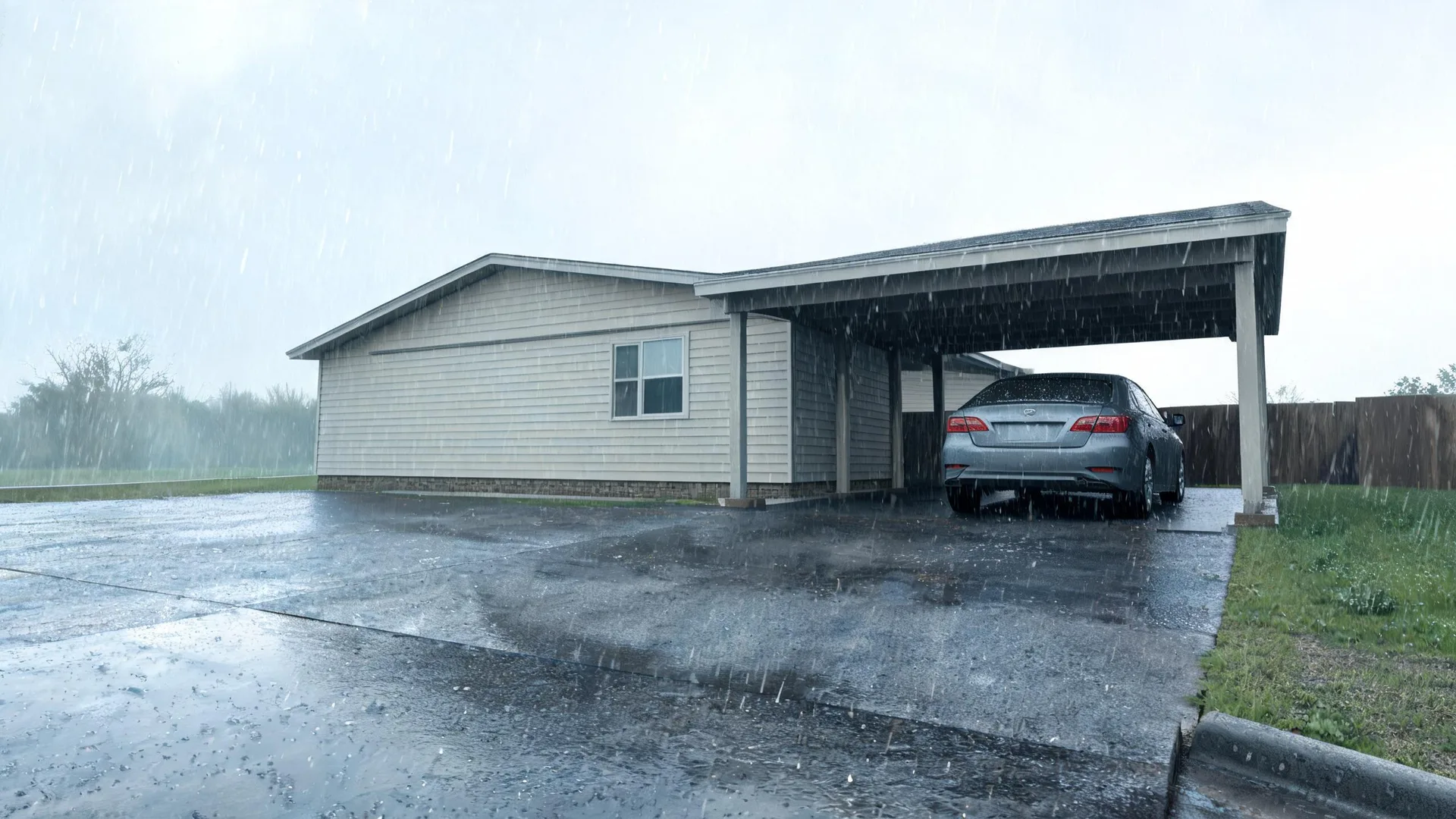 A single-story house with light horizontal siding and an attached carport shelters a silver sedan, beside a wet concrete driveway during heavy rain under an overcast sky.