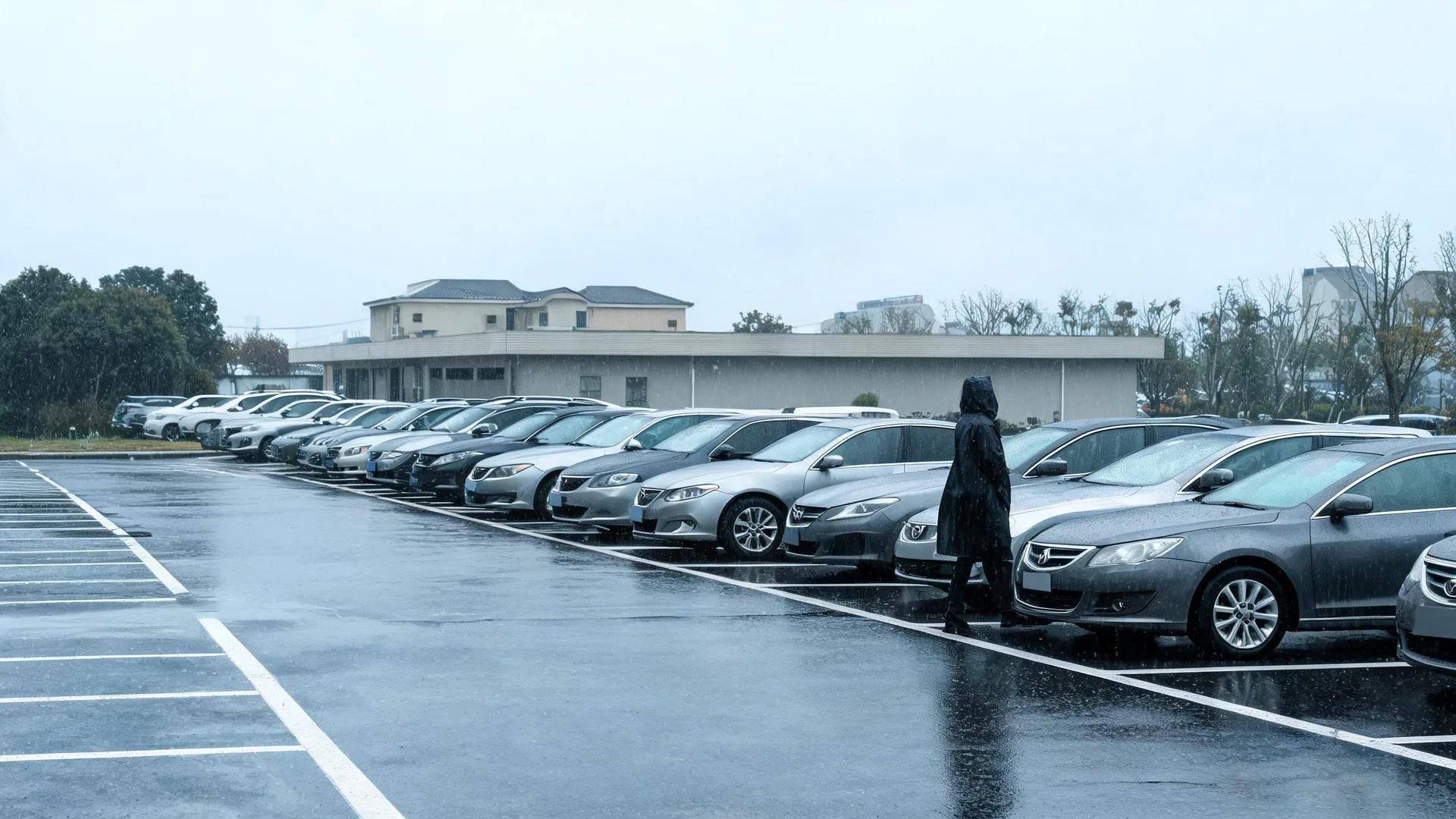 A person in a dark hooded raincoat walks along a wet parking lot past a long row of parked cars, with a low beige building and bare trees under an overcast sky in the background.