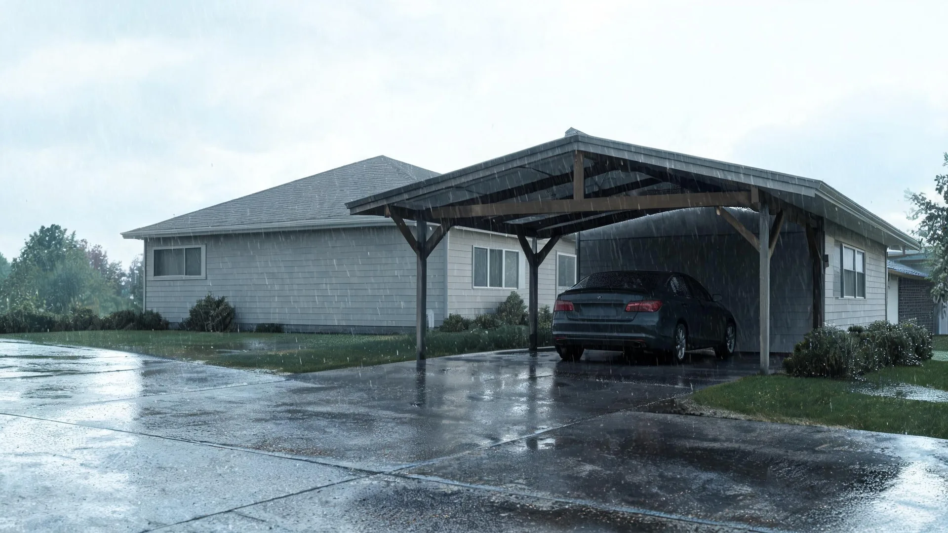 A single-story house with light shingle siding and an attached open wooden carport sheltering a dark sedan, with rain falling on a wet concrete driveway under an overcast sky.