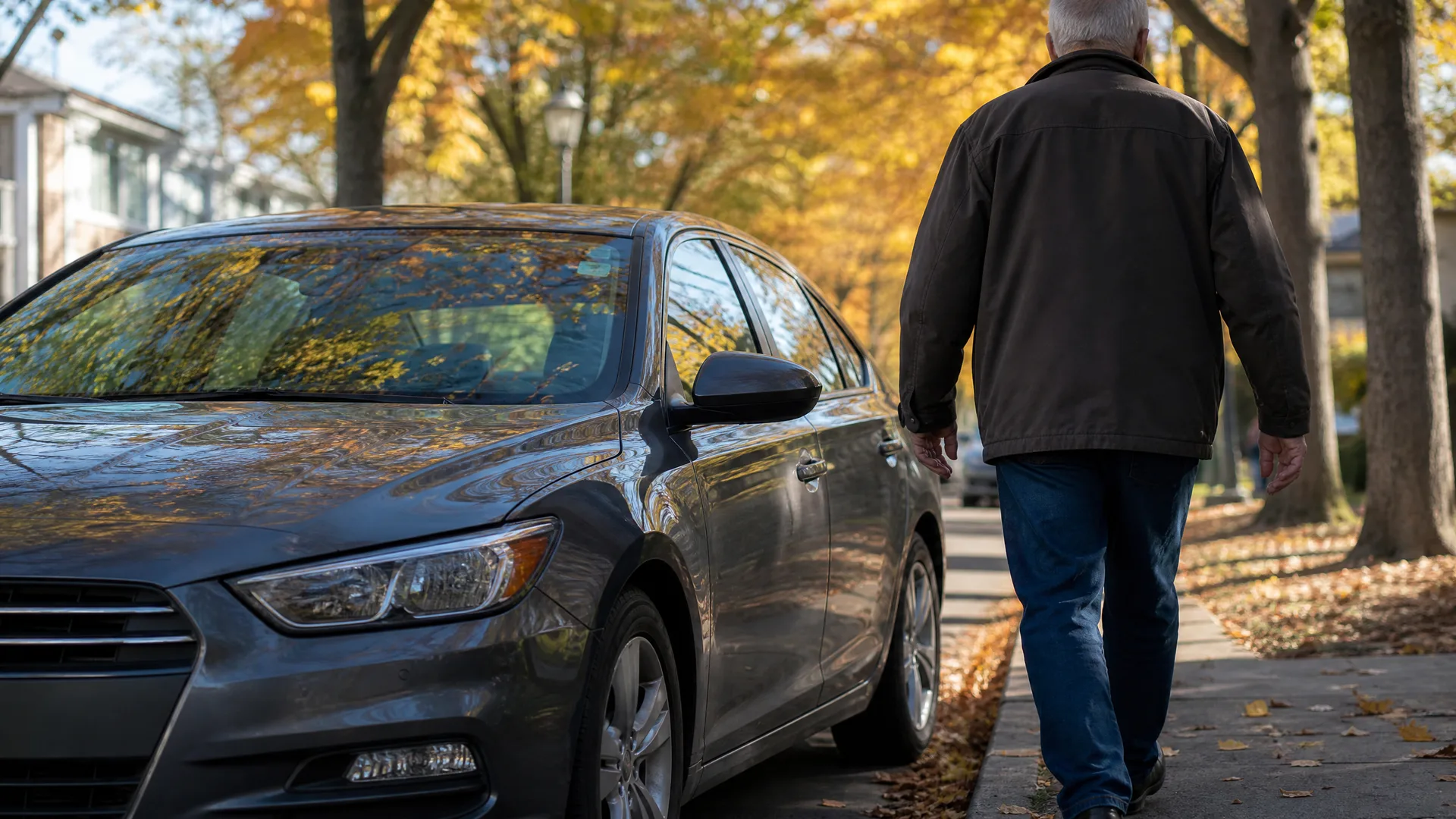 A man in a dark jacket and jeans walks away along a leaf-strewn sidewalk beside a gray sedan parked on a tree-lined residential street with yellow and orange autumn foliage.