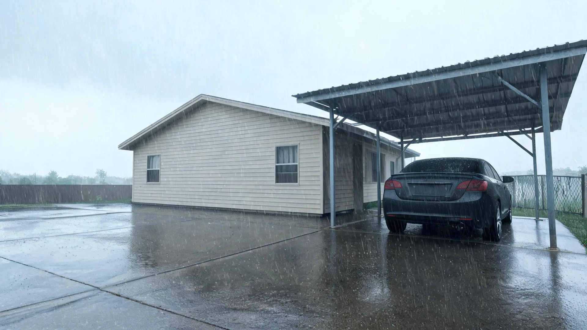 A single-story house with light horizontal siding beside a metal carport sheltering a dark sedan, on wet pavement during heavy rain under a gray sky.