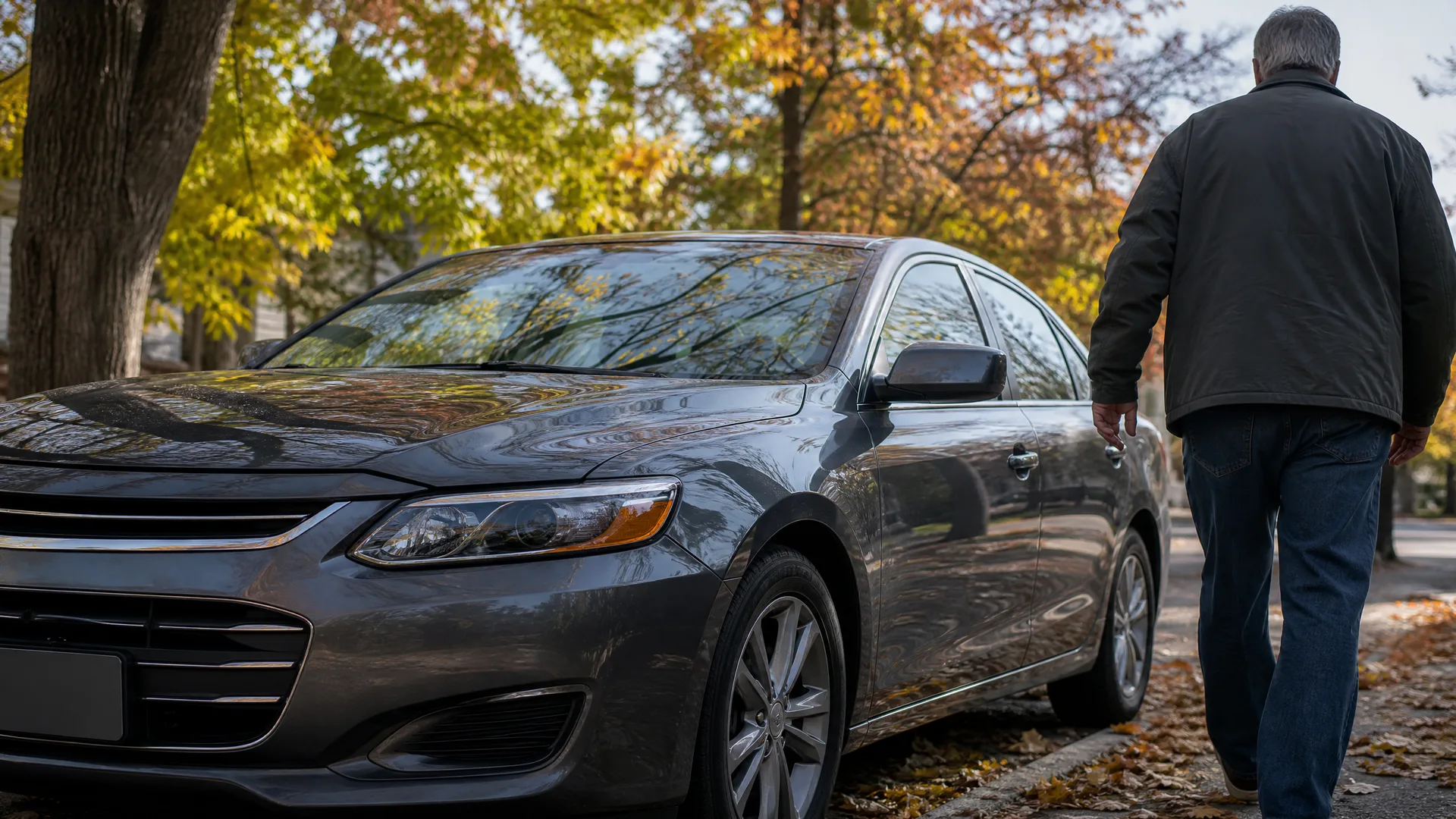 A gray four-door sedan parked on a leaf-strewn street under trees with yellow and orange autumn foliage, with a man in a dark jacket and jeans walking away past the passenger side.