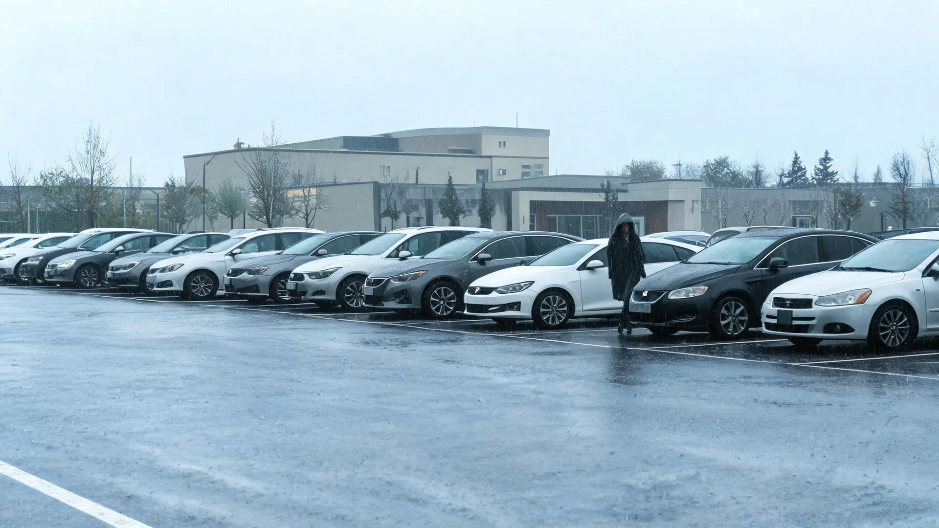 A person in a dark hooded coat walks between parked cars in a wet parking lot in front of a low pale building under an overcast sky.