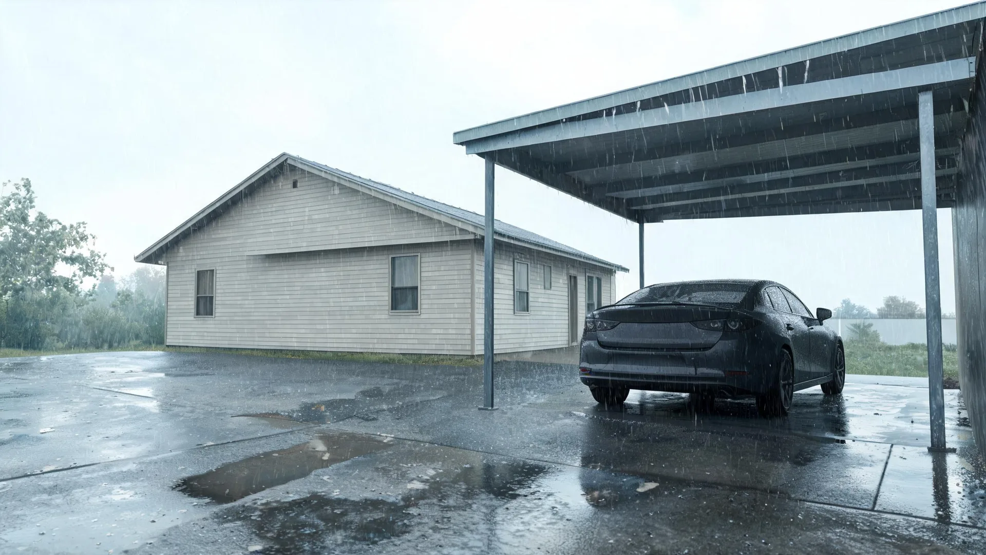 A dark sedan parked under a metal carport beside a single-story house with light horizontal siding and a gable roof, on wet pavement during heavy rain under an overcast sky.