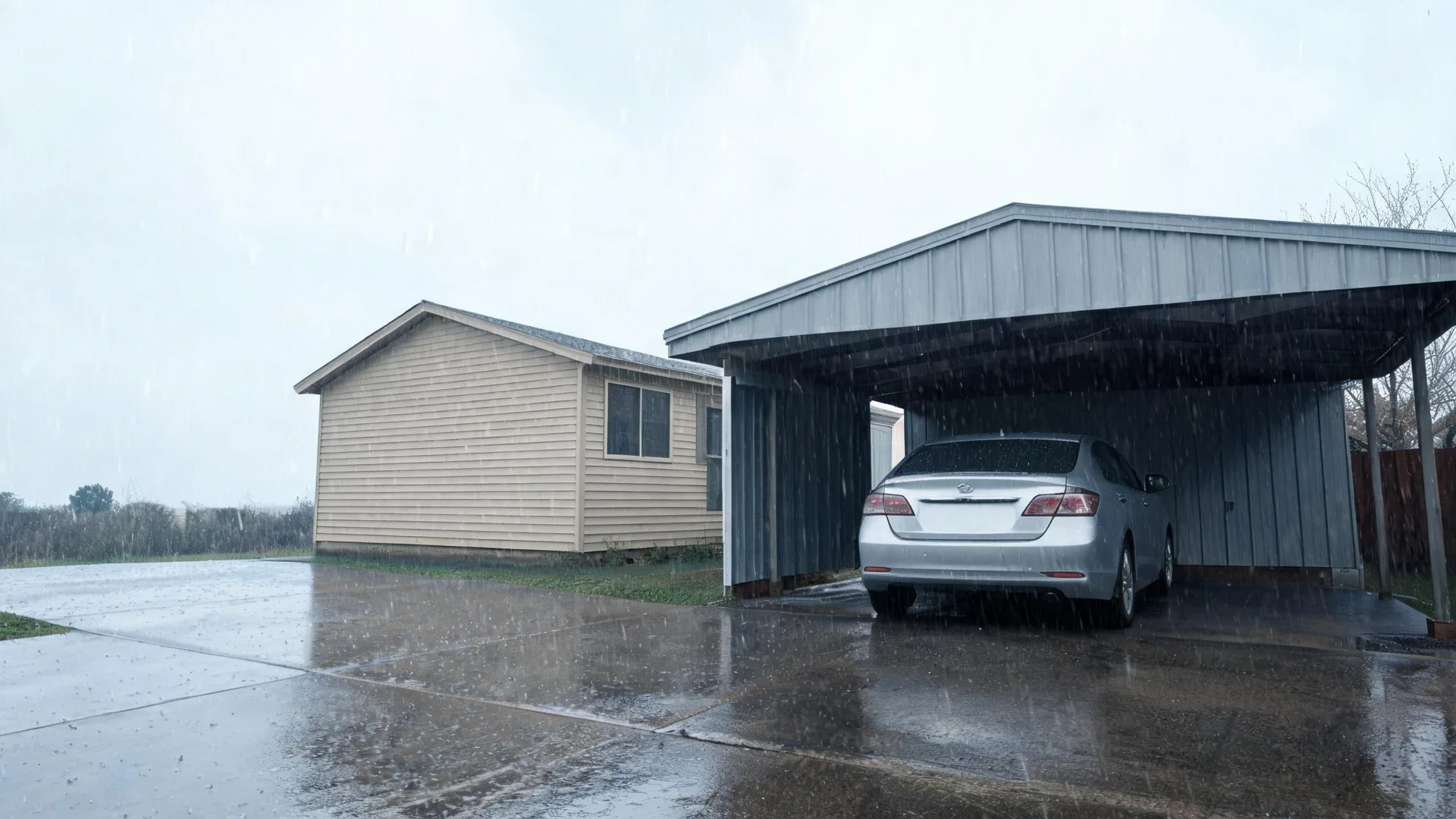 A silver sedan parked under a dark metal-clad carport beside a cream weatherboard building, with rain falling on a wet concrete driveway under an overcast sky.